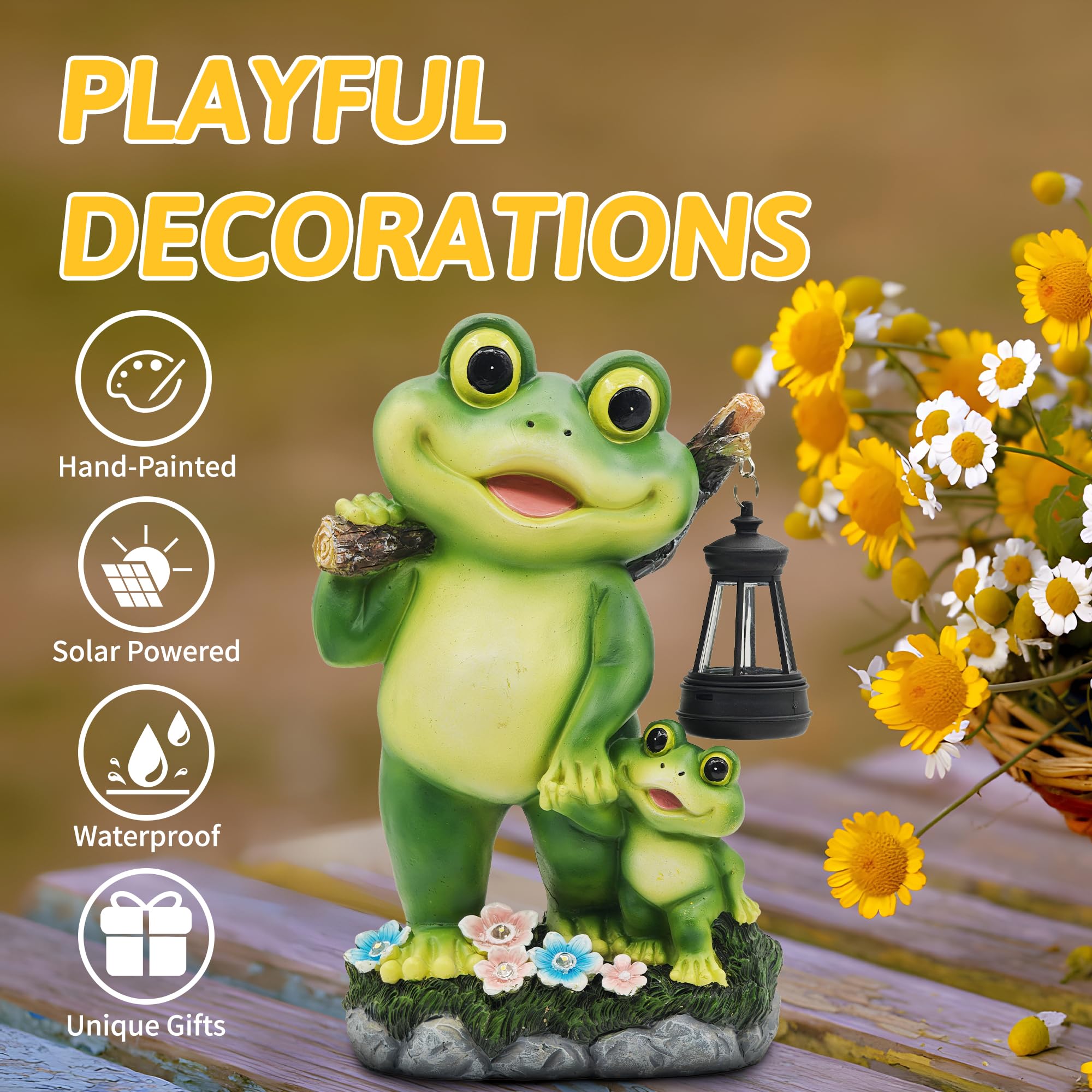 CFFOWNUG Outdoor Frog Garden Decor - 10in Solar LED Lantern Statue, Resin, Frog Color, Model CF-FLOG002