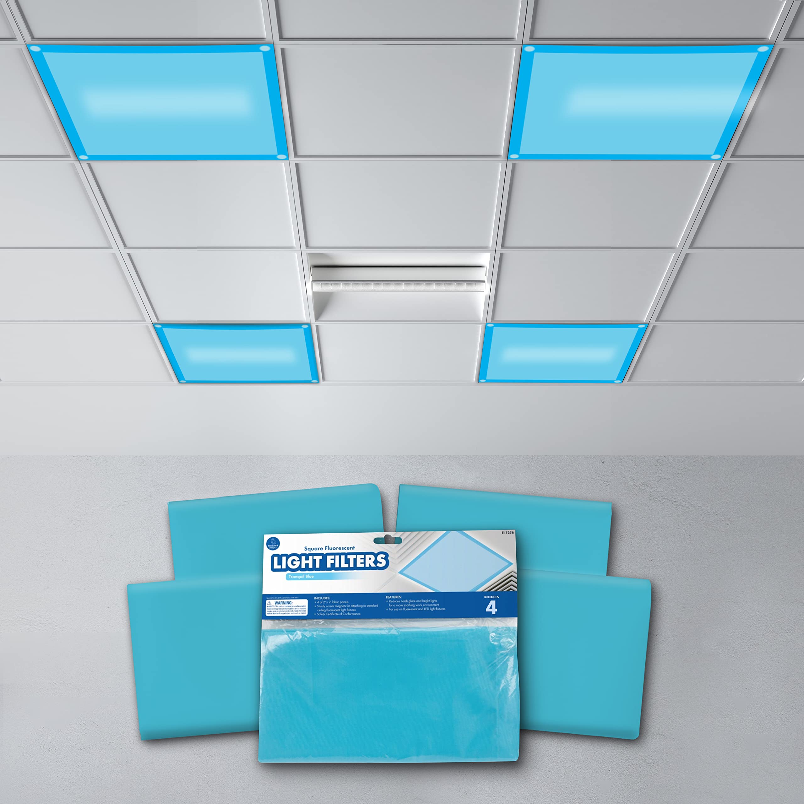 Educational Insights Mini Light Filters Tranquil Blue, 2’ X 2’ 4-Pack, Square Fluorescent Light Covers, Easy Install For Office, Hospitals, Home & Classroom Must Haves