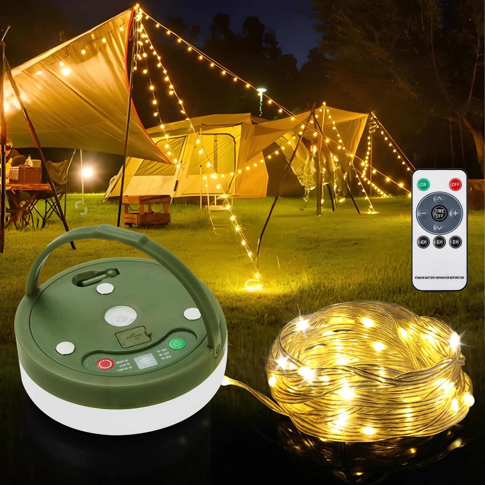 Anpro 4 in 1 Camping String Lights, 32.8 Ft, 130 LEDs, USB Rechargeable, Remote Control, Warm White, Model ACANTY0103-1-AP
