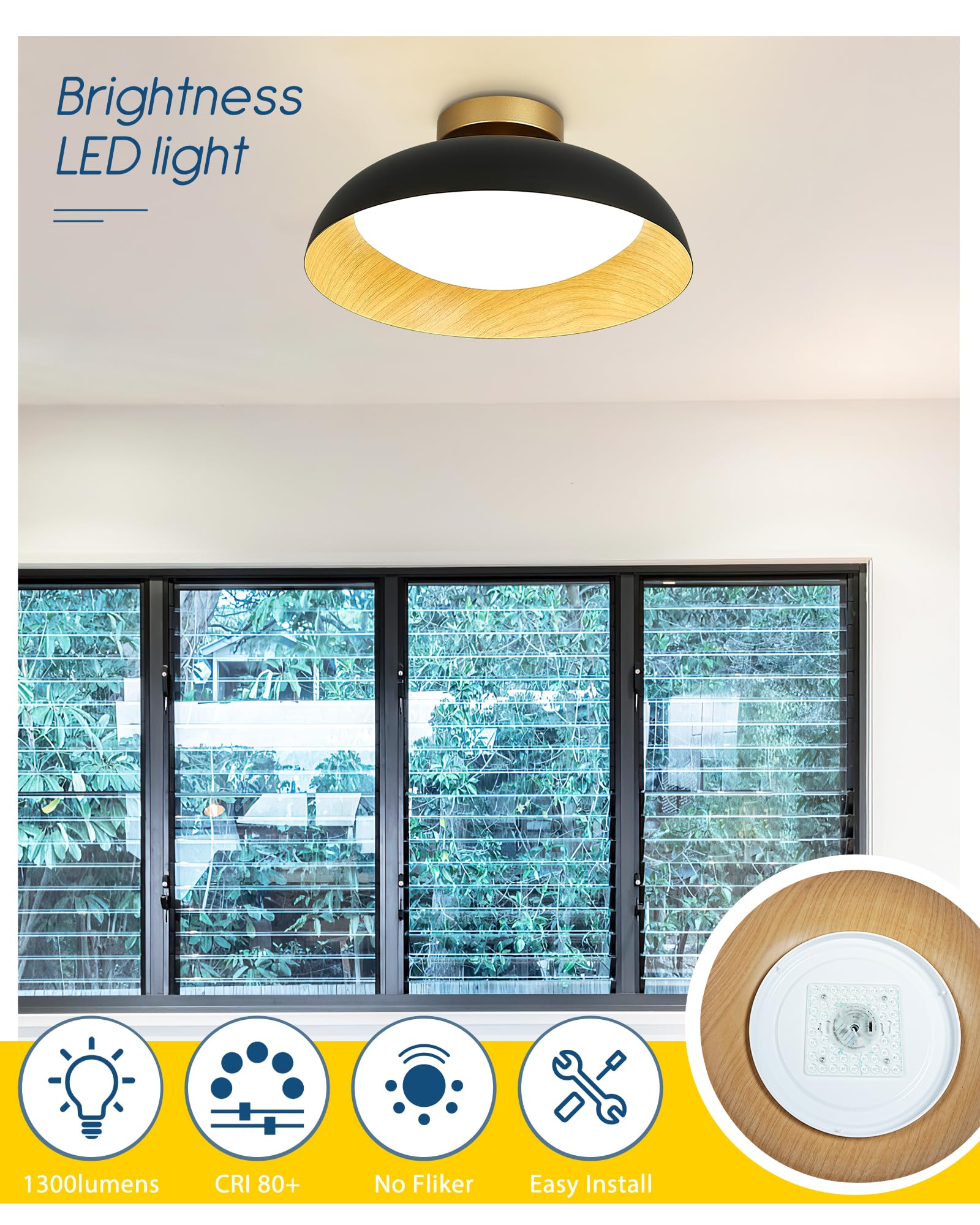 Kudos 15-Inch Ceiling Light,Flush Mount Ceiling Light With Painted Wood-Grain And Black Finish, 24W/1300Lm Light Fixtures Ceiling Mount For Kitchen,Bedroom,Hallway,5Cct,Kdcl10-Bk-L