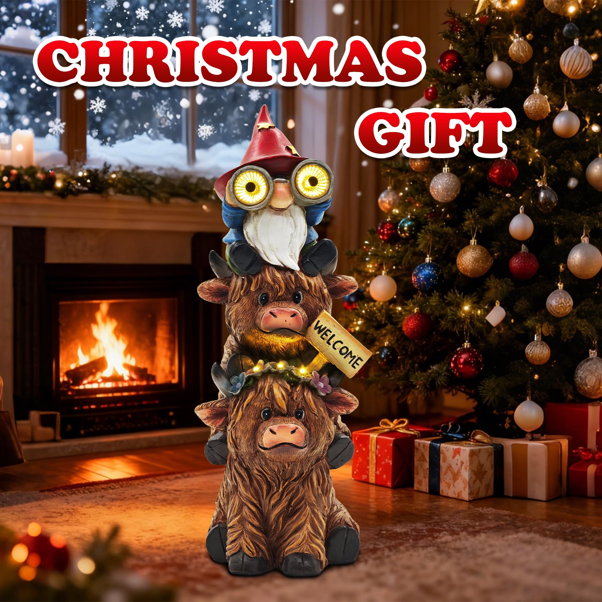 CFFOWNUG Christmas Garden Gnome Statue - 11'' Highland Cow Decor with Solar Light, Brown Resin, CF-Cow001-Telescope