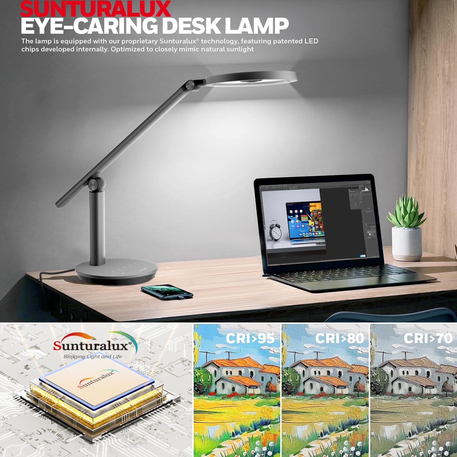 Honeywell Desk Lamp For Home Office, H6 Sunturalux Eye-Caring Led Desk Light, 800Lm Dimmable Desk Lamp With Timer, Touch Control