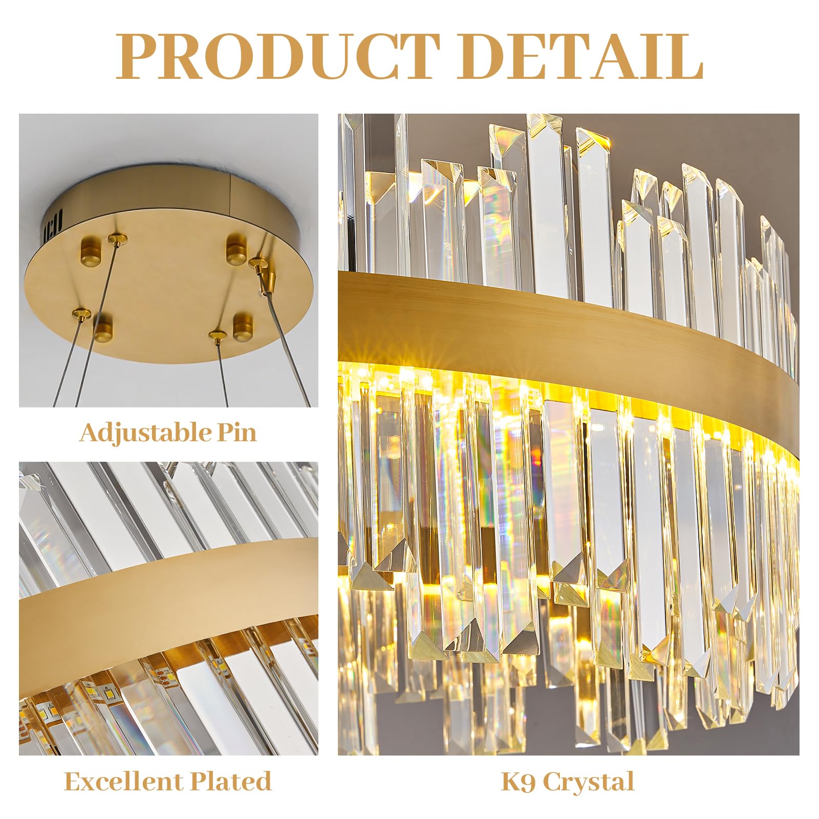 ALIYIQI 19.7'' Dimmable LED Crystal Chandelier Light Fixture, Gold, Remote Control, 3 Color Options for Dining Room, Living Room, Kitchen