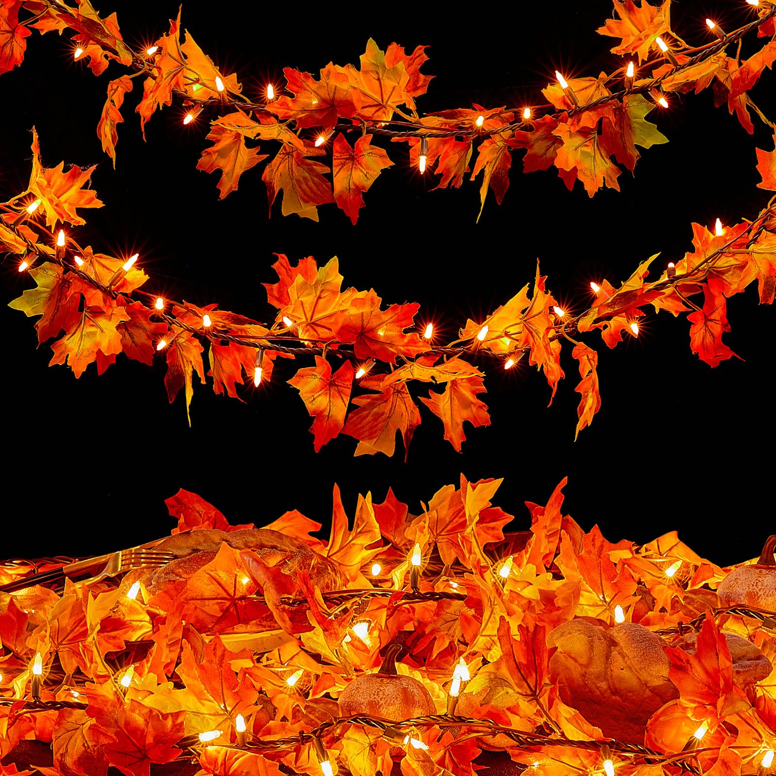 Meknow Thanksgiving Garland with Lights, 9FT, 50 Orange Bulbs, UL Listed, 2 Packs, Plastic, Indoor/Outdoor Decorations