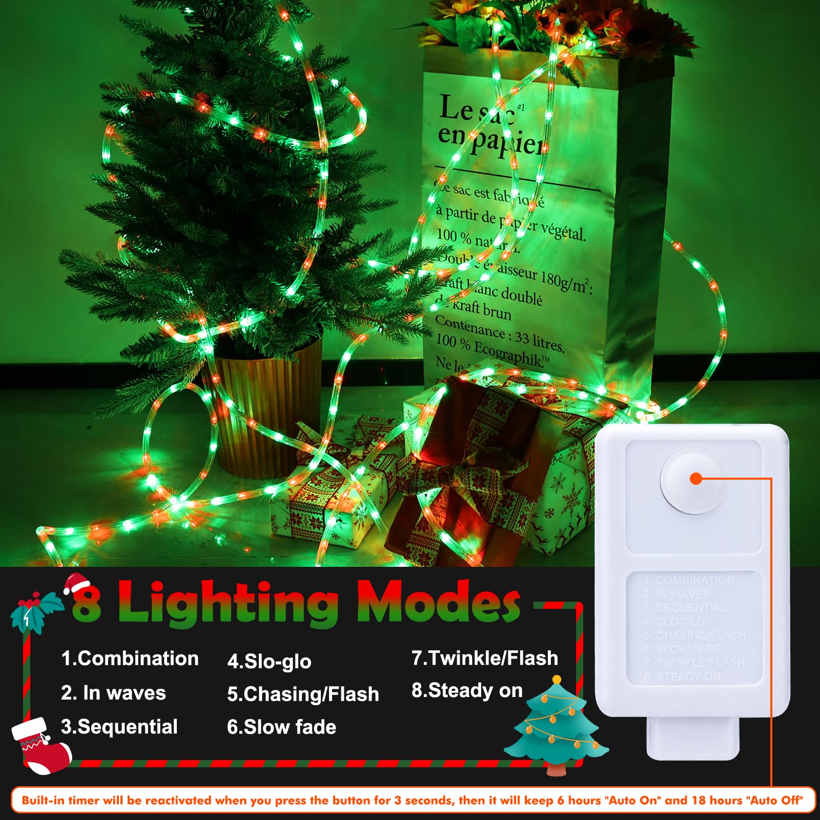 Jnaurb 100ft LED Rope Lights Outdoor, Waterproof PVC Tube, 720 LEDs, 8 Modes, Red & Green for Garden, Patio, Pool, Party Decor