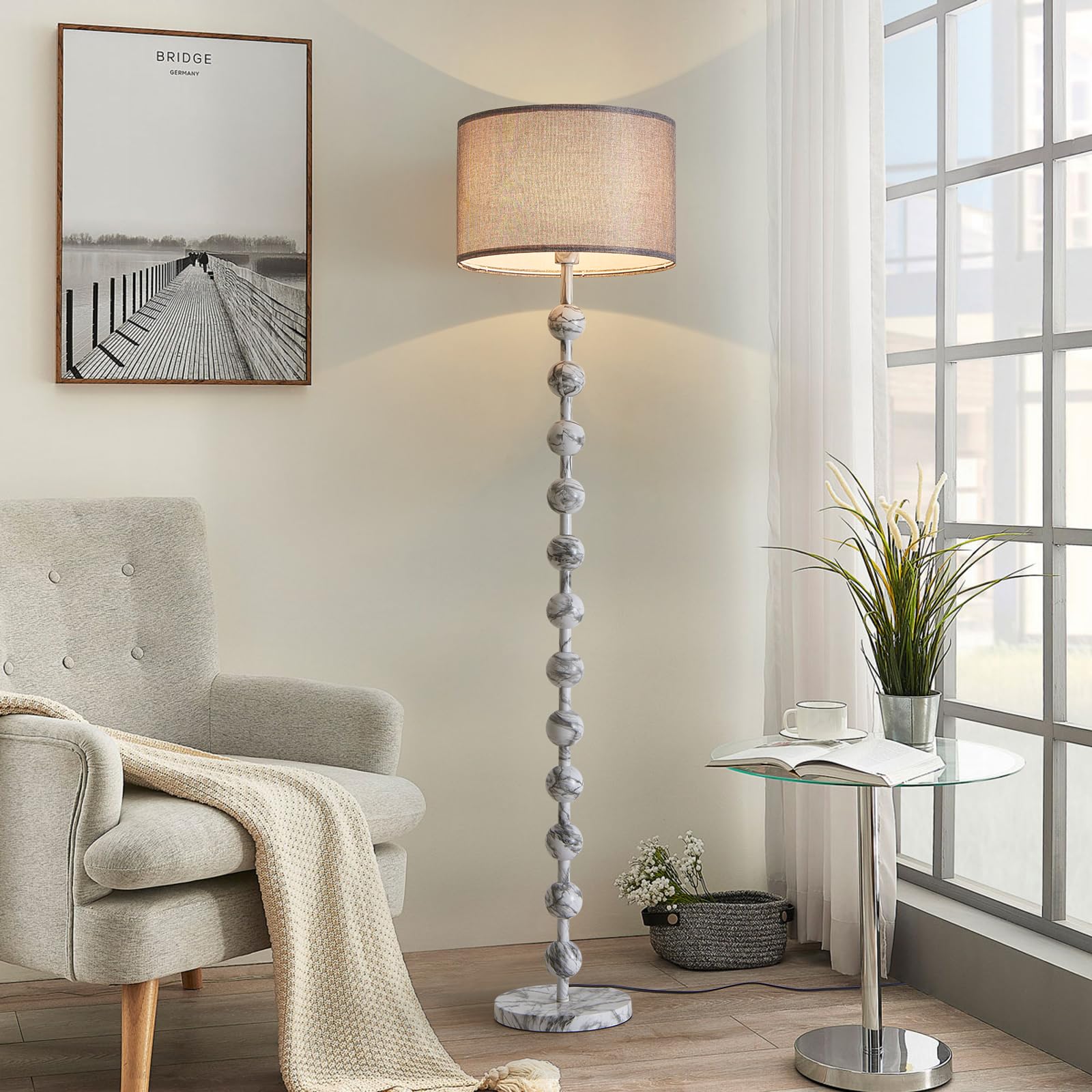 Fetason Modern Dimmable Floor Lamp for Living Room Bedroom with Remote Control, Marble Pattern Tall Standing Lamp Light with Fab