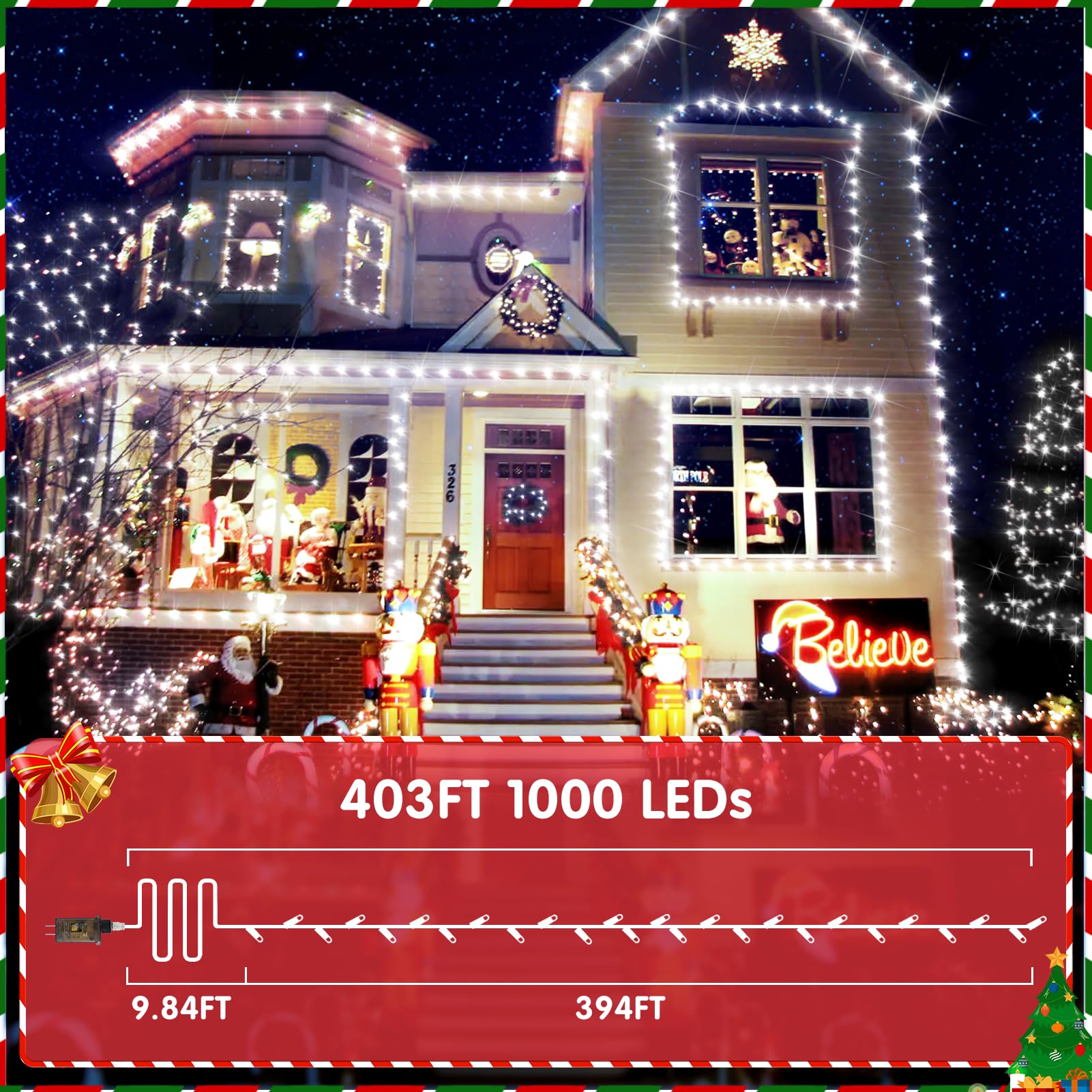 Xurisen 403Ft Christmas Lights, 1000 Led Cool White String Lights, 8 Modes, Memory Timer, Green Wire, Perfect For Home & Events