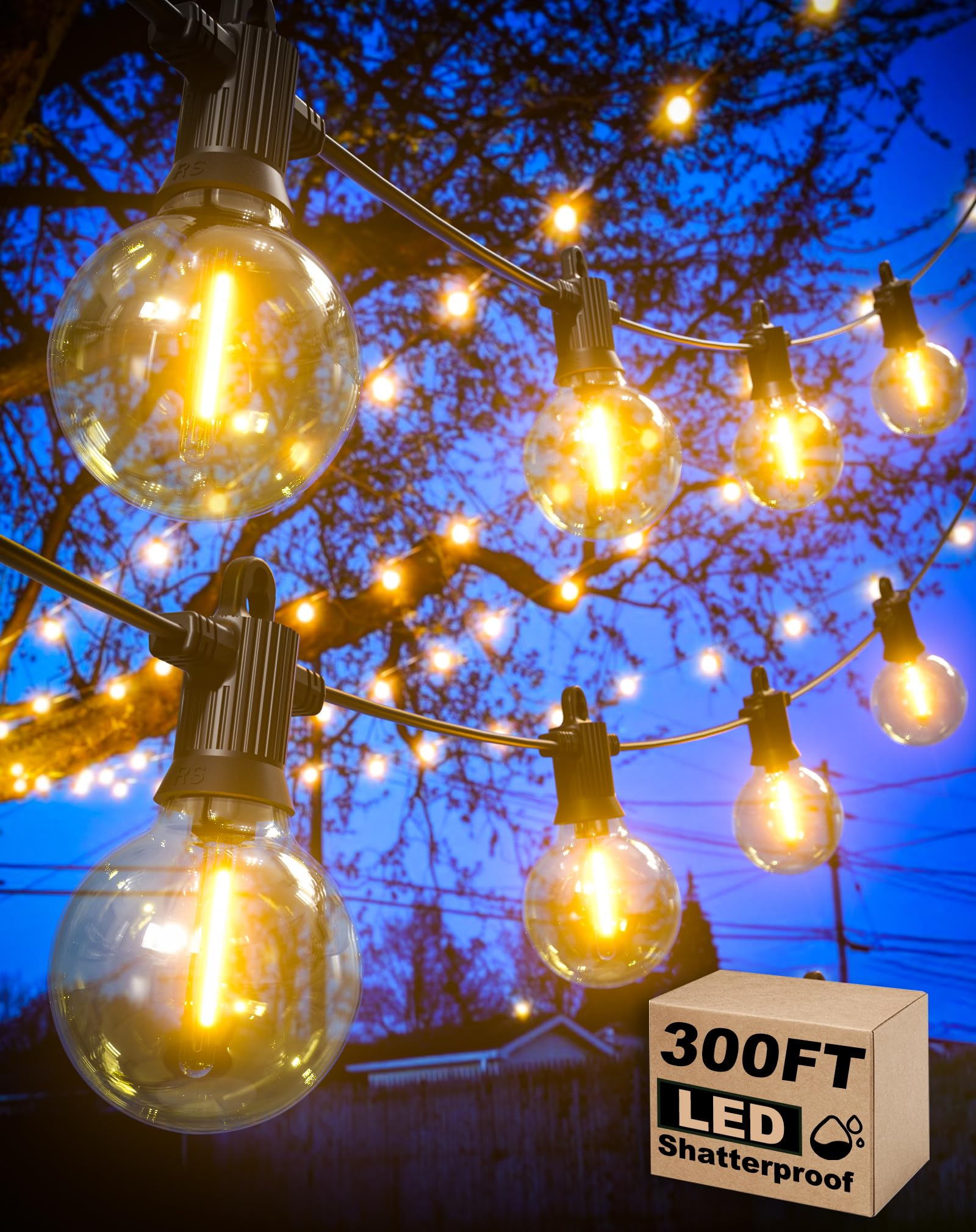 Zuske Outdoor String Lights, 300FT Waterproof LED with 146 G40 Globe Bulbs, Dimmable, Black, Model ESKG40-300FT-146US