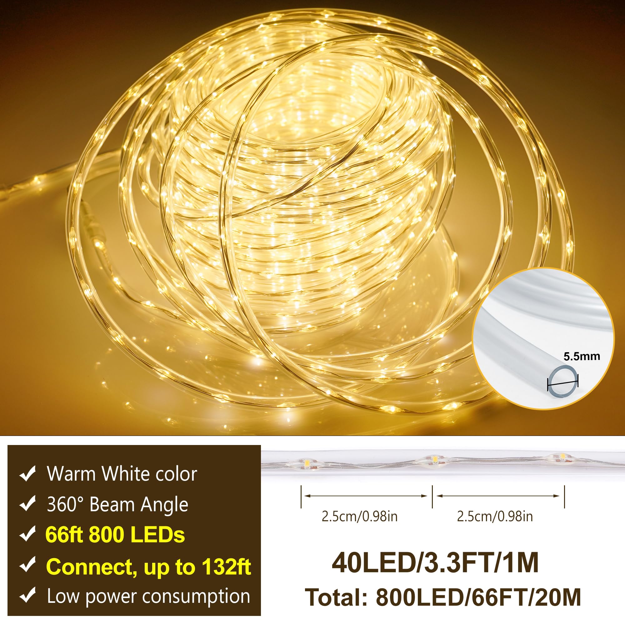 Connectable 66Ft 800 Led Rope Lights Outdoor, Warm White Strip Lights Plug In, Outdoor String Lights Waterproof Decorative Lighting For Deck Patio Yard Garden Pathway Pool Camping Room Indoor Décor