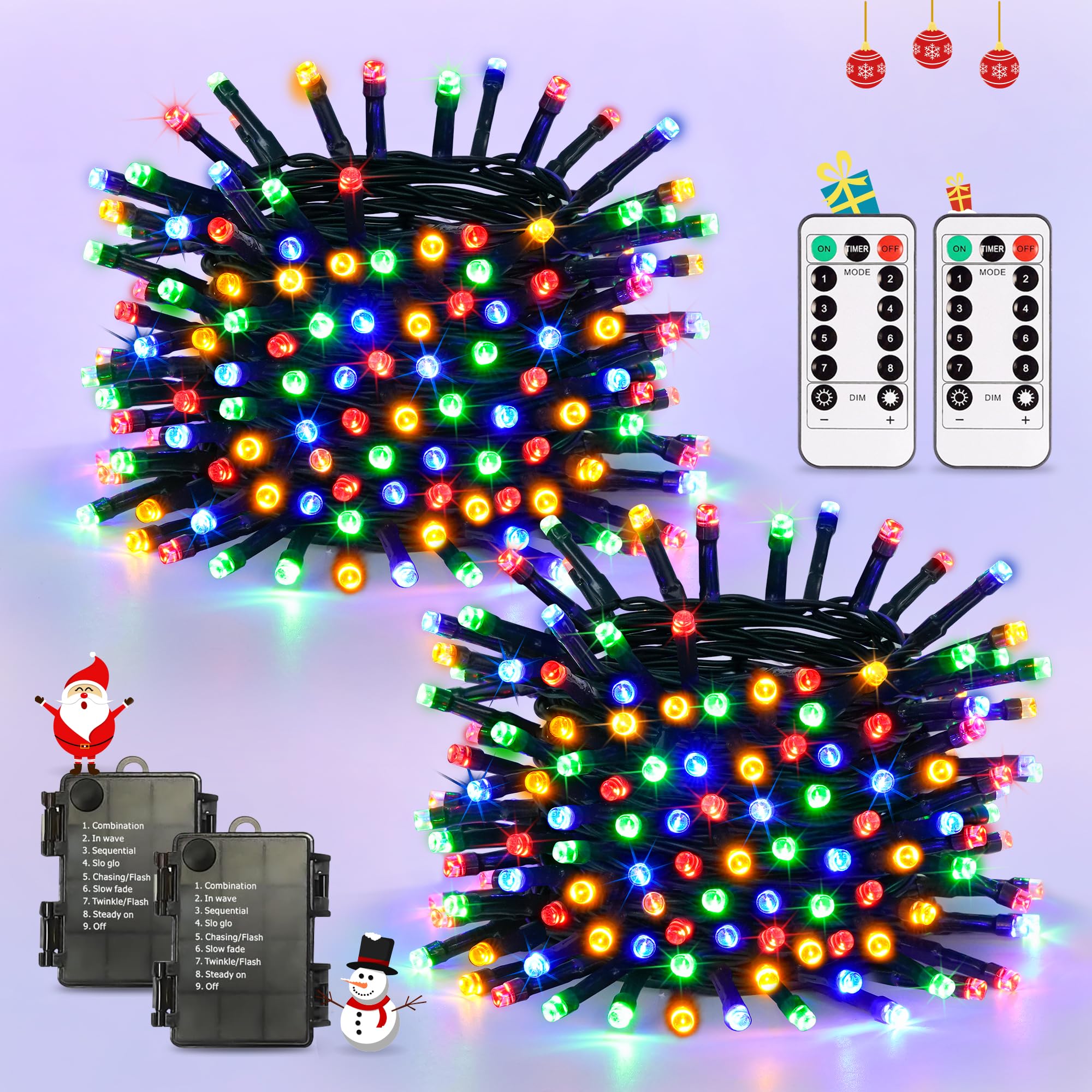 JMEXSUSS Battery Christmas Lights, 2 Pack, 100 LED, 33 FT, Waterproof, Multicolor Indoor Outdoor Decor