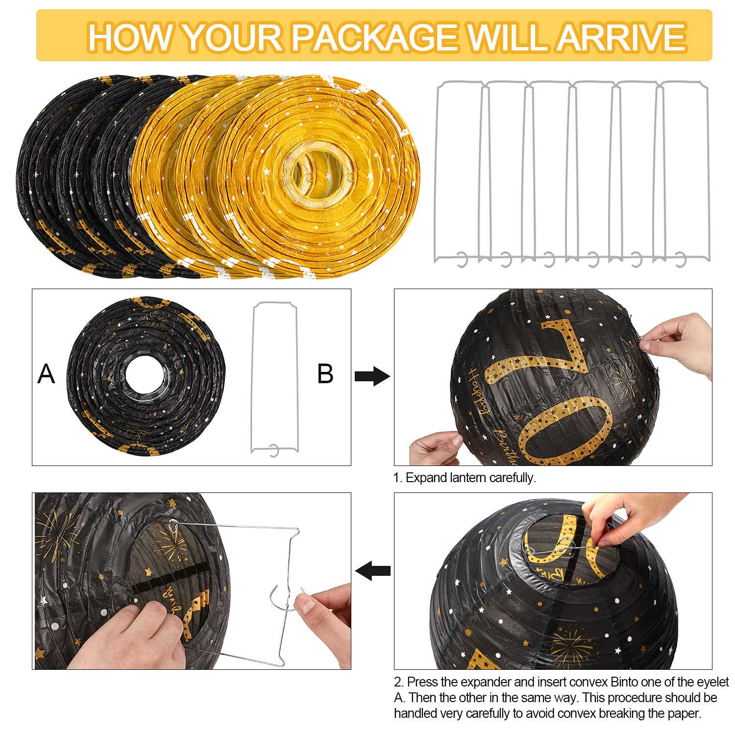 Blulu 6 Pieces Birthday Party Decorations - Hanging Paper Lanterns, Black Gold Glittery, 70th Style, Anniversary Sign