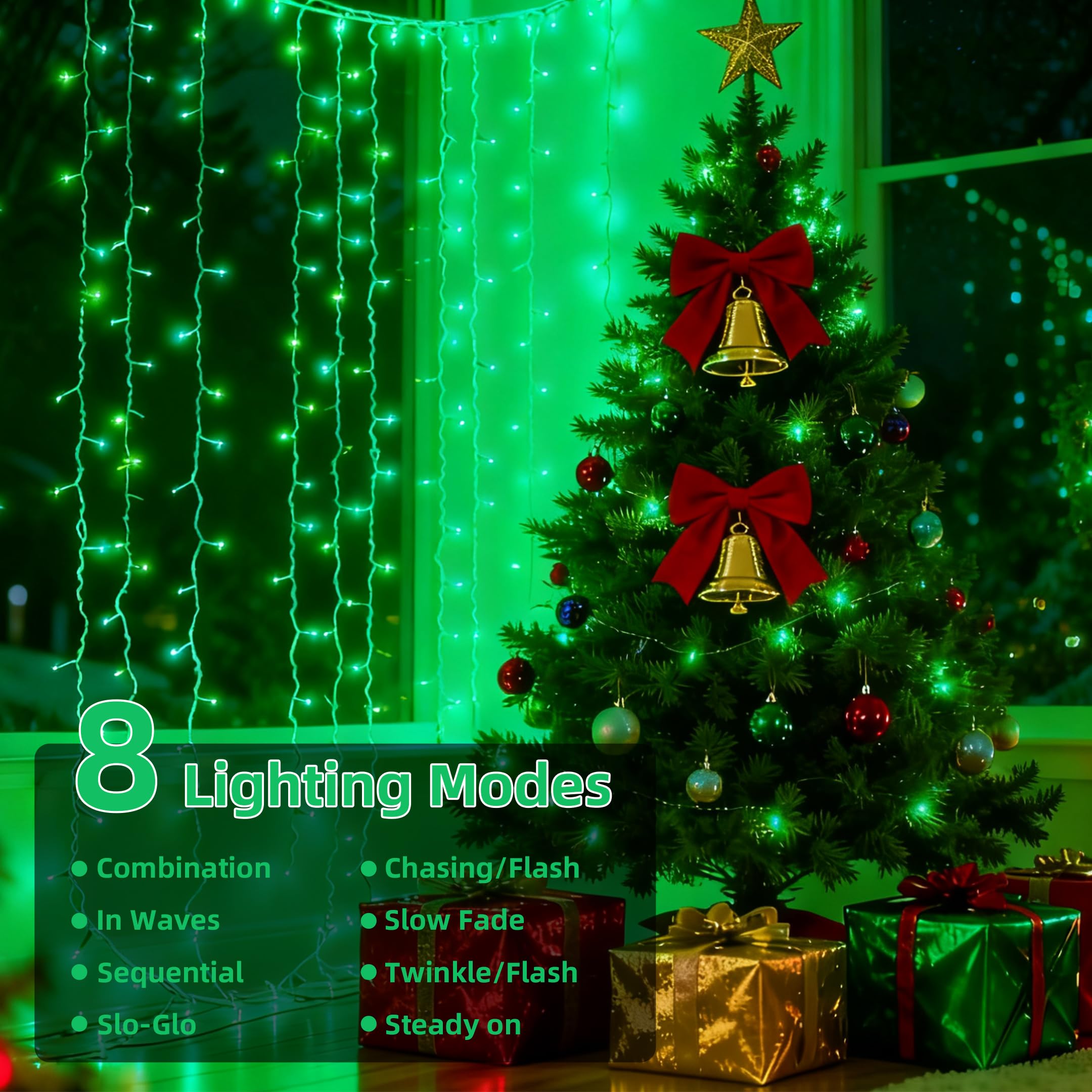 Vtechology 66Ft 200Led Green Christmas Tree Lights Plug In Connectable Green Halloweenlights 8 Modes String Lights Indoor Outdoor For Party Bedroom Garden Decor (Clear Wire)