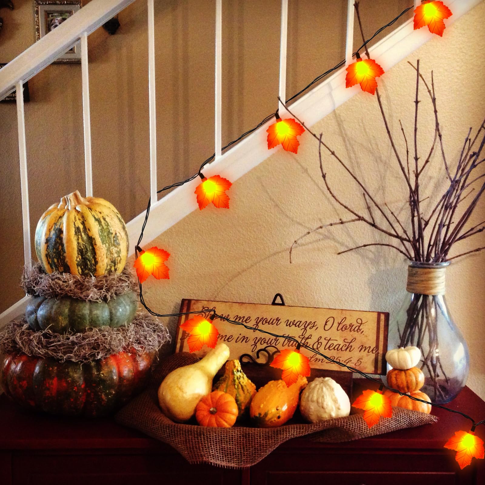 Sunsgne Thanksgiving Lights Indoor, 8.5Ft Plug In Thanksgiving String Lights With 10 3D Orange Maple Leaf, Thanksgiving Lights F