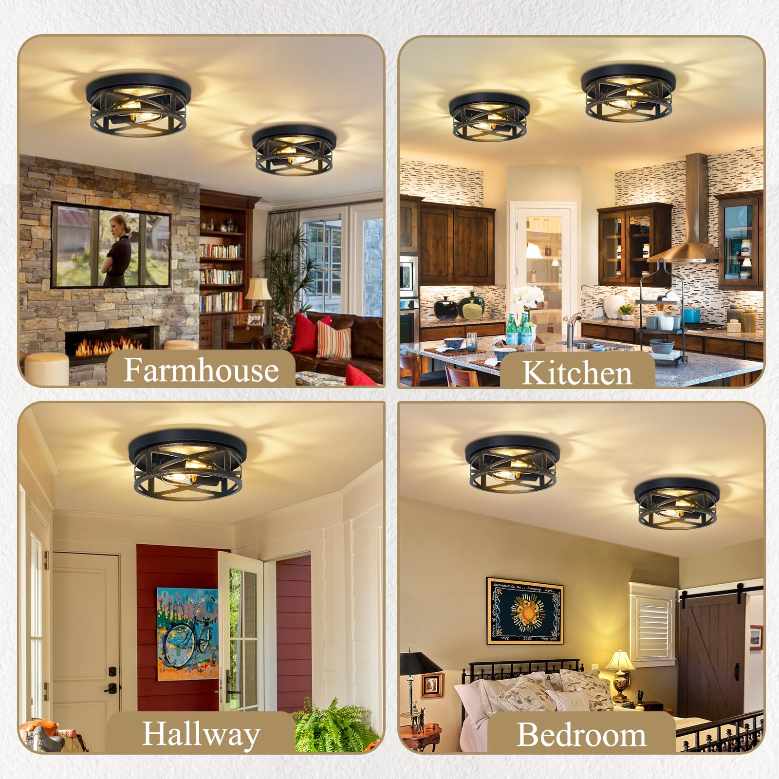 Skejao Flush Mount Ceiling Light Fixture,Rustic Metal Black 2-Light Hallway Light Fixtures Ceiling,Vintage Light Fixtures Ceilin