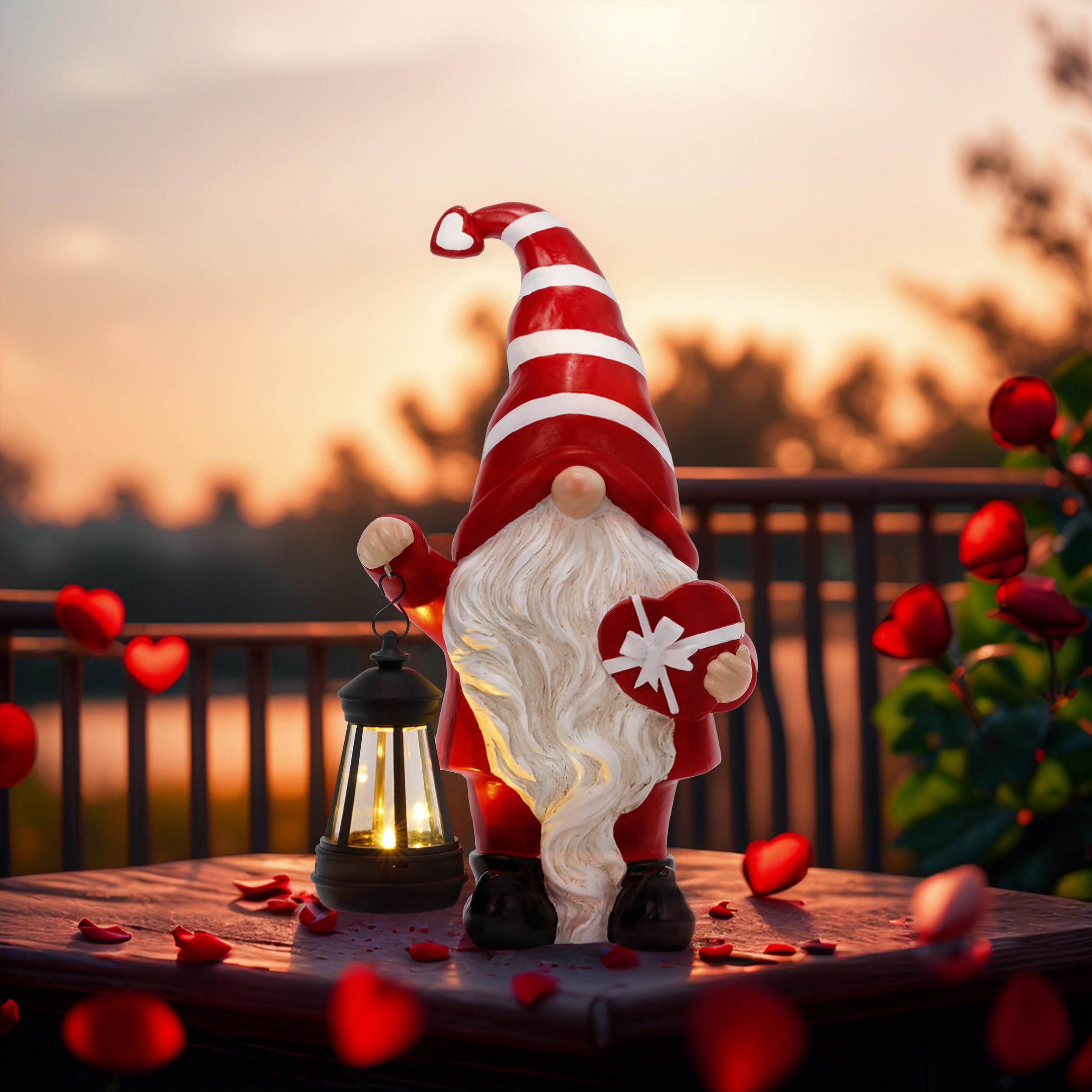 Teresa'S Collections Valentine'S Day Decorations For Outdoor Decor, Resin Garden Gnome Holding Gift & Lantern With Solar Lights