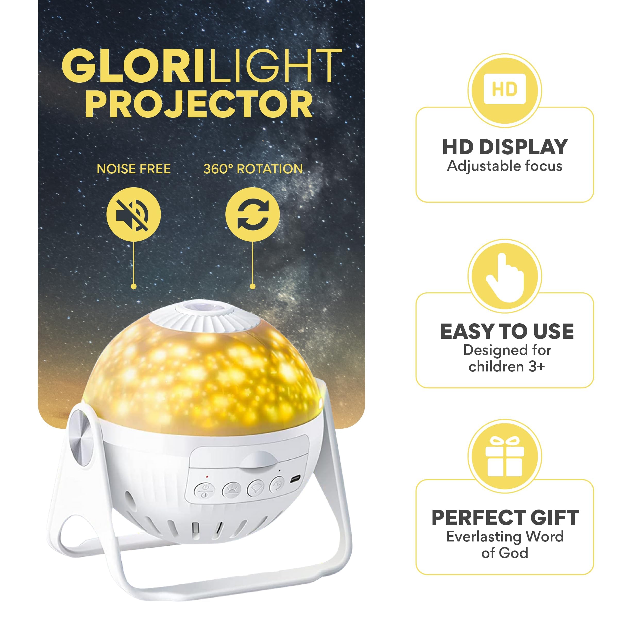 Glorilight Hd Projector Night-Light Starter Set, Project Bible Verses On Walls Or Ceilings, Includes 6 Interchangeable Discs, Help Children Live By The Truth Of God’S Word, Bible Education For Kids