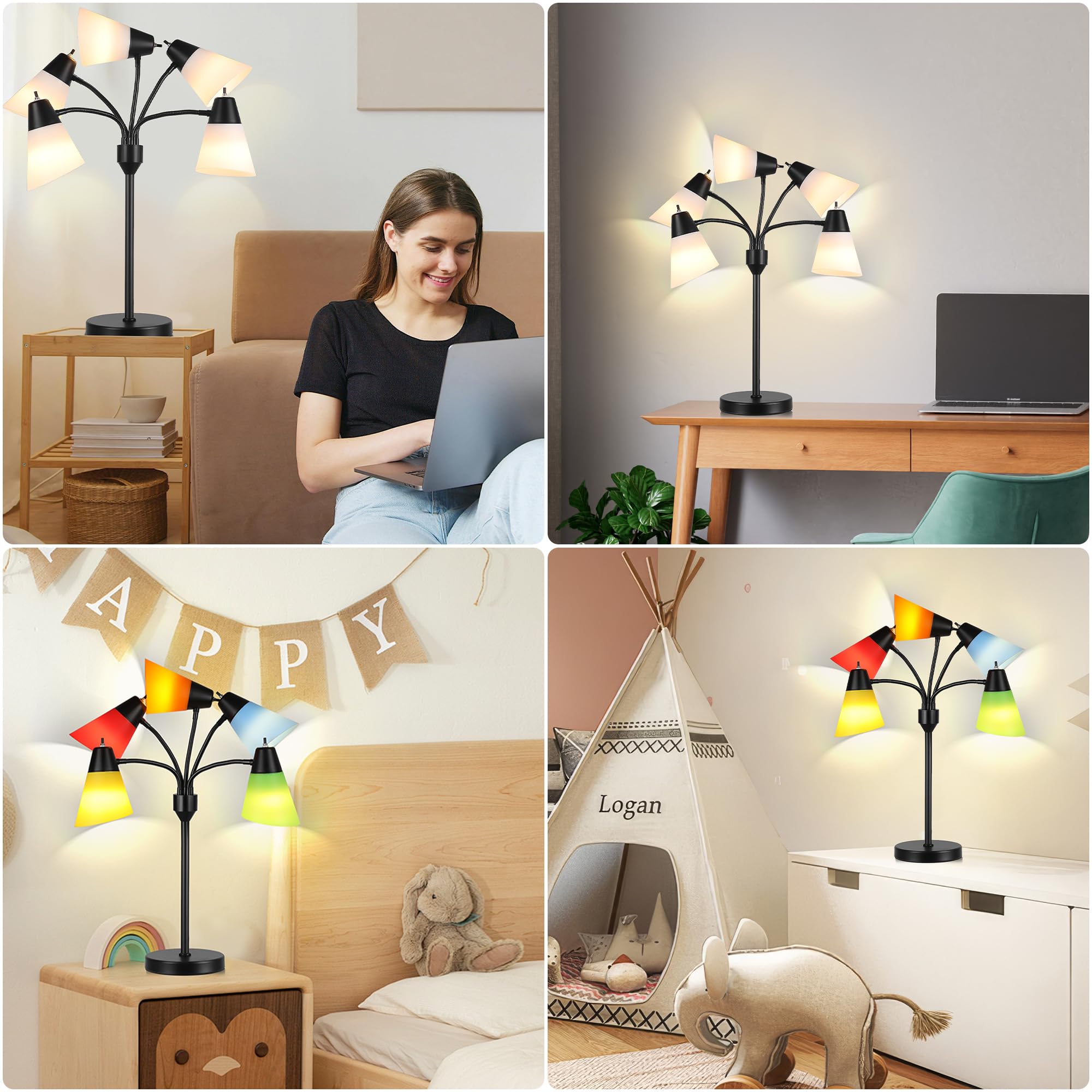 Hamucd Multi Head Medusa Tree Table Lamp, 5 Light Adjustable Gooseneck, Rustic Black Metal, Model STR-DL-0027 for Bedroom & Office