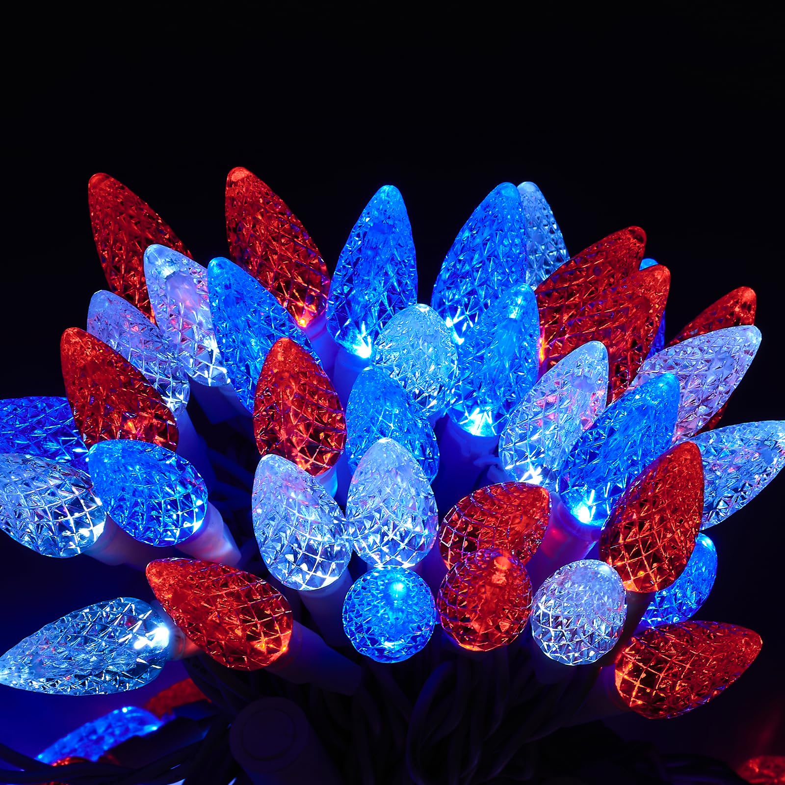 Red White and Blue Lights 70 Count C6 LED White Wire Strawberry Christmas Lights, 24.8 Feet Length,Indoor and Outdoor , Connecta