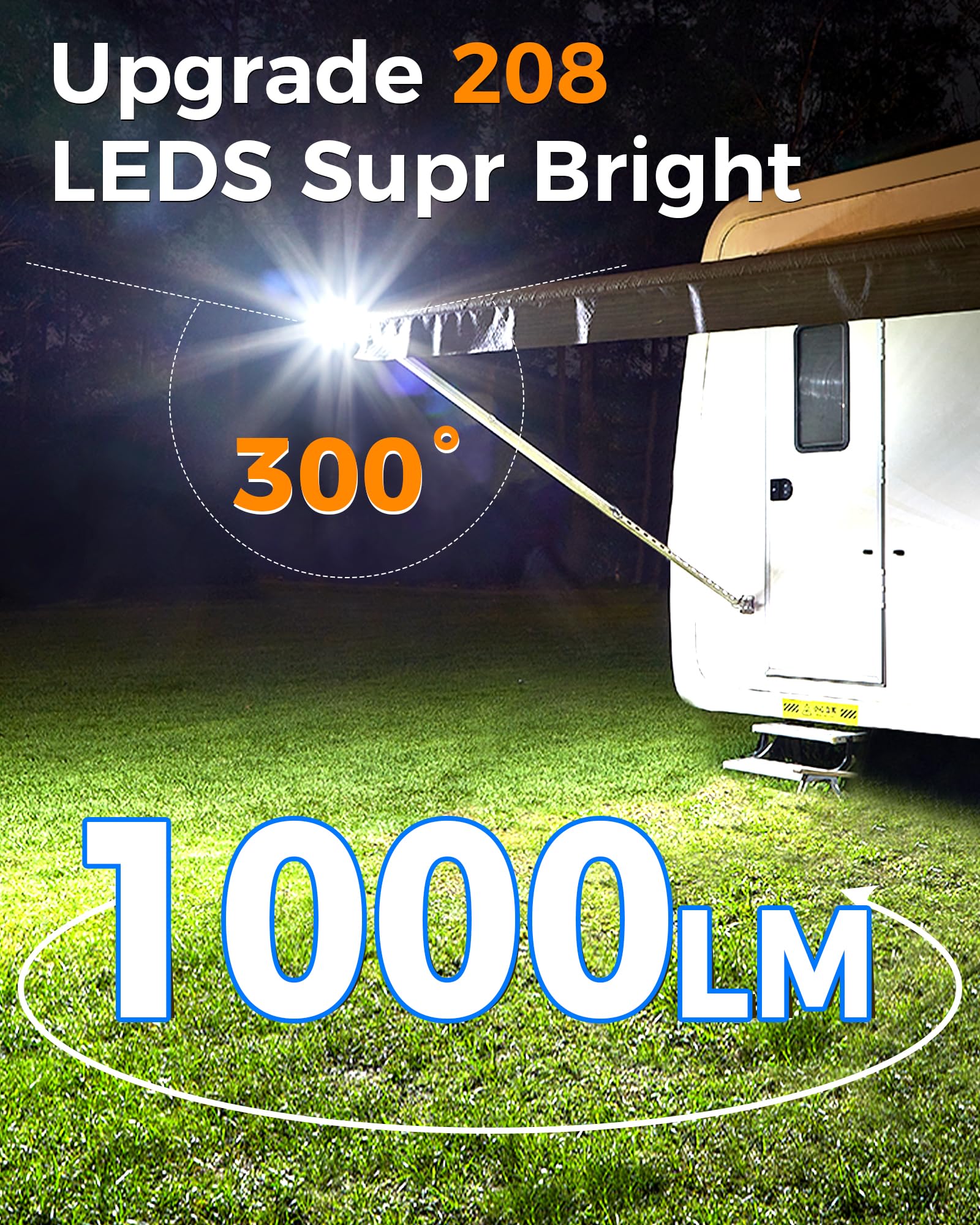 LUHLEE Solar RV Lights, 208LED, 6000mAh, Clip-On Exterior Light with Remote Control, Waterproof Motion Sensor, Black-Model MDC020171