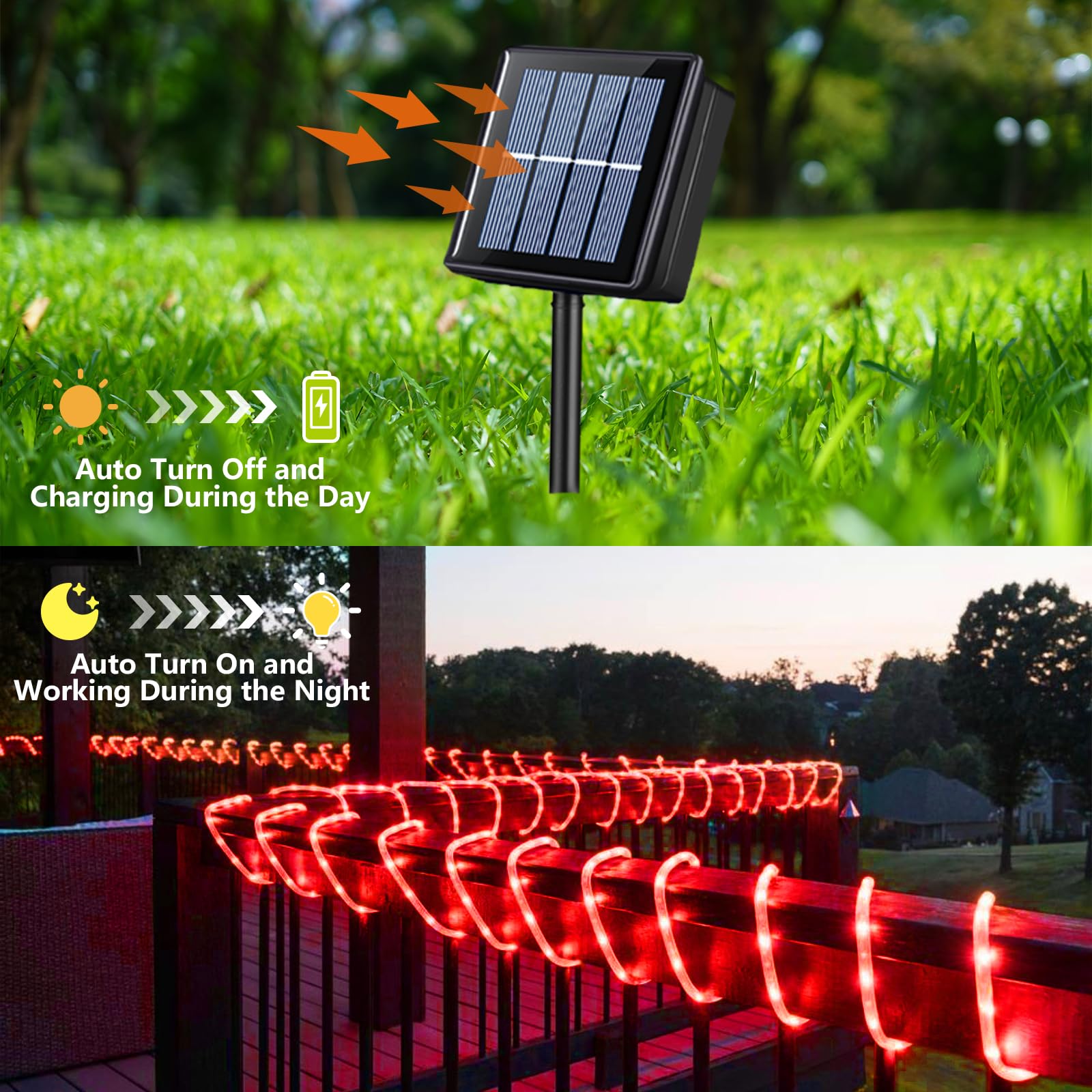 Yeguo 66Ft 200 Led Halloween Solar Rope Lights Outdoor Waterproof, Red String Lights For Outside, 8 Modes Fairy Lights In Clear