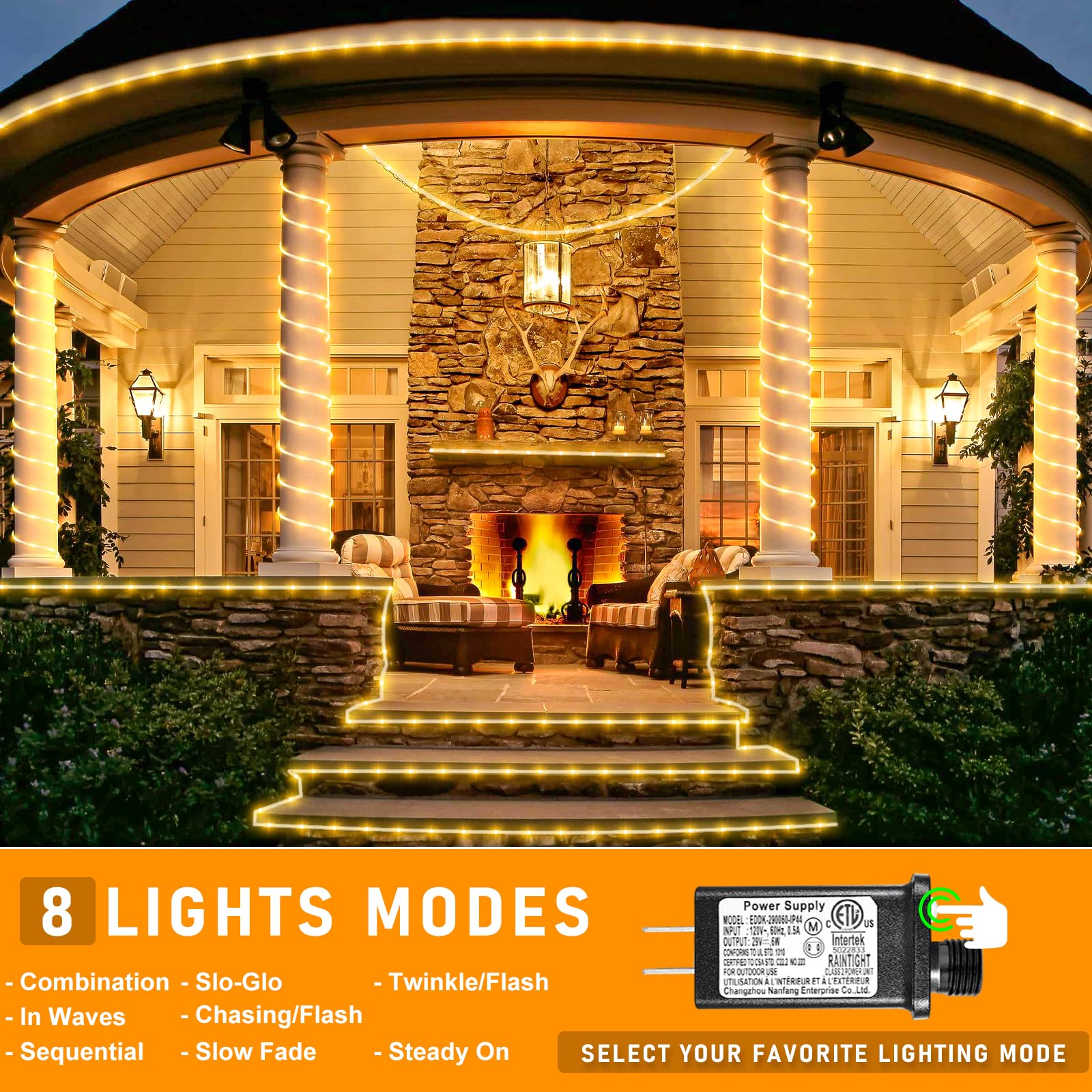 66Ft 200 Led Rope Lights For Outside  Connectable Rope Lights Outdoor Waterproof With 8 Modes  Plug In Christmas String Lights For Outside  Indoor  Bedroom  Garden  Patio  Pool Decor  Warm White