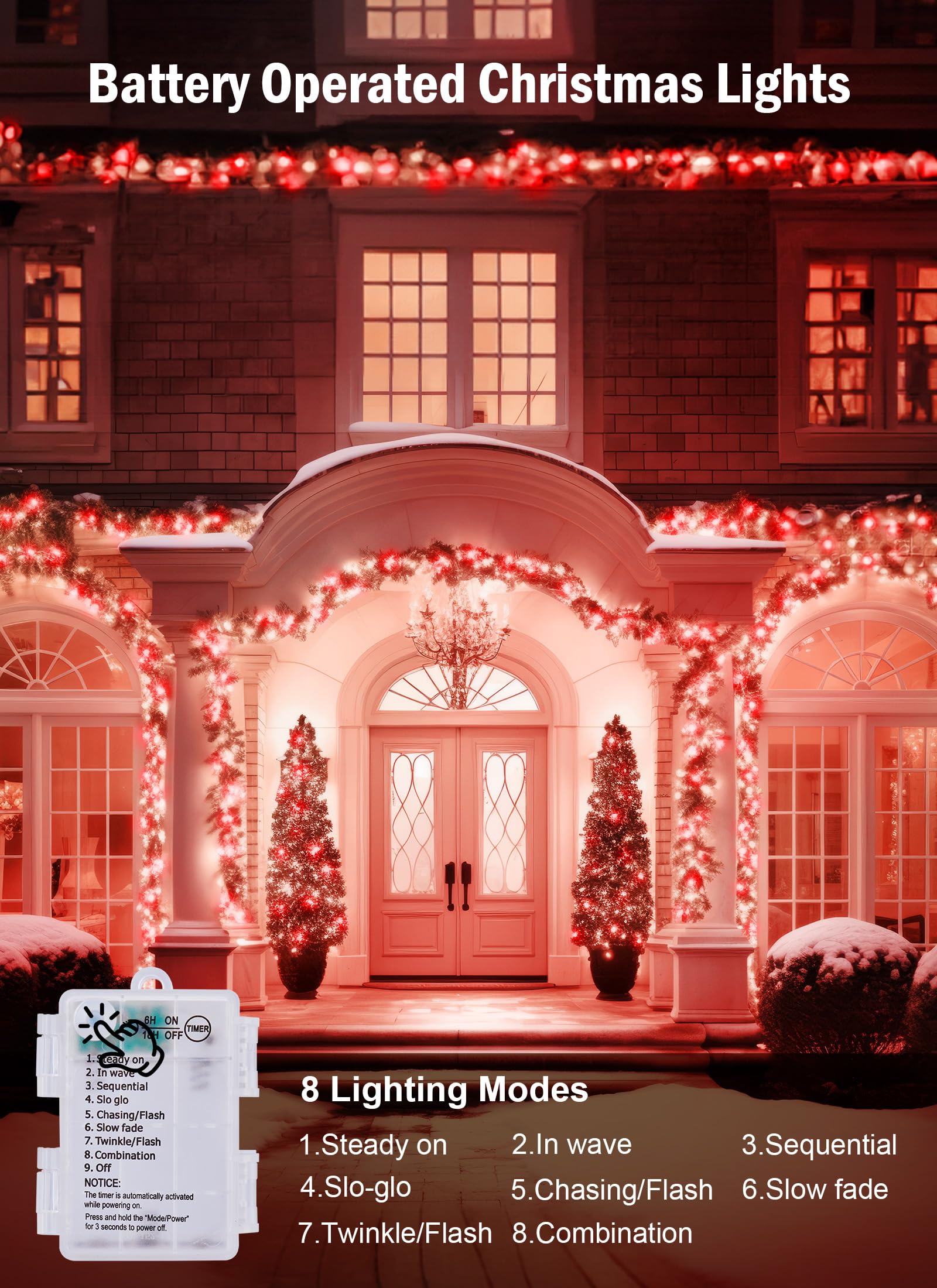 Minetom Christmas String Lights, 50 LED, 17FT, Battery Operated, Waterproof, Red & Pure White