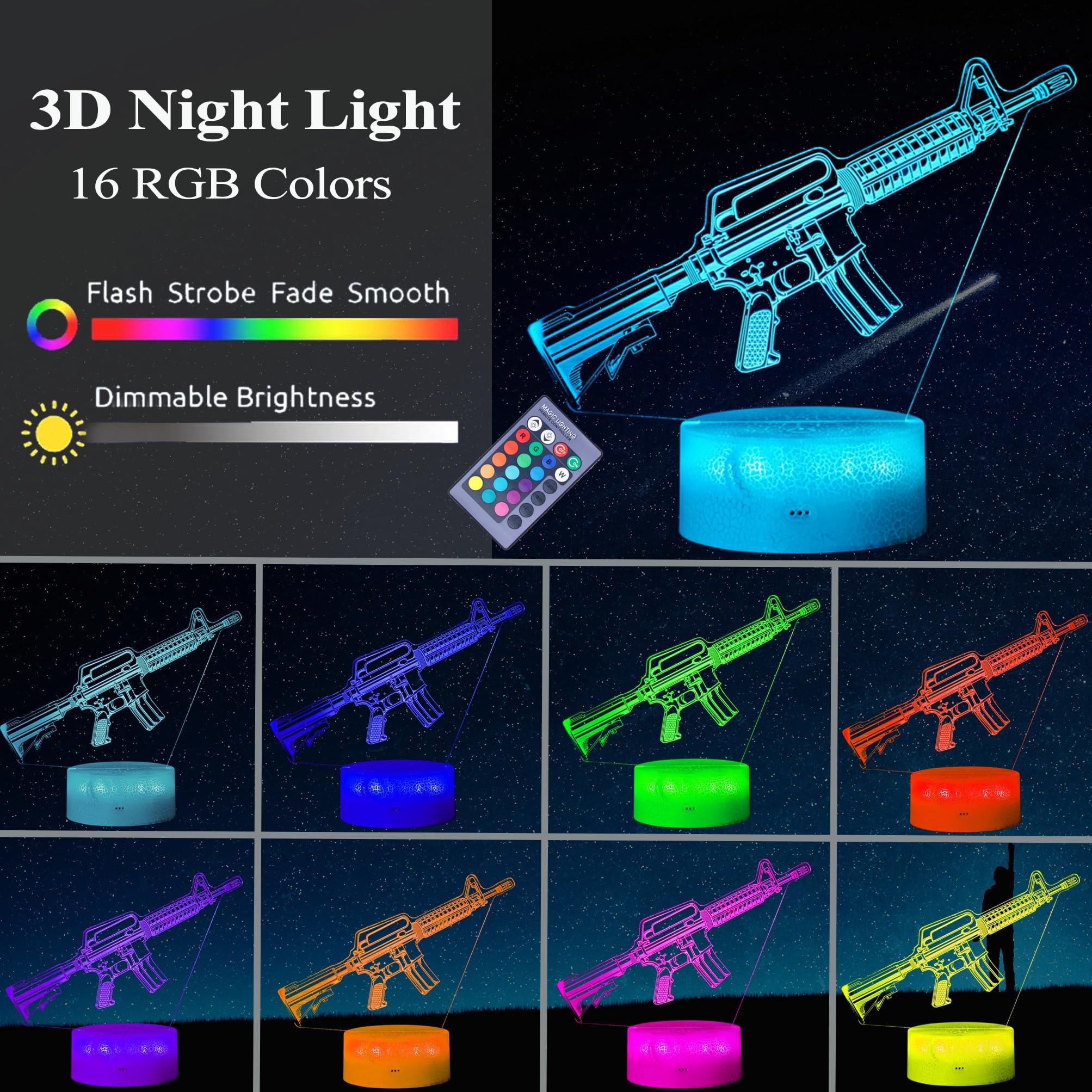 Posshe M4A1 Night Light, M4A1 Model Gifts, 3D Illusion Lamp With 16 Colors Changing, Remote Control And Dimmable, Game Living Ro