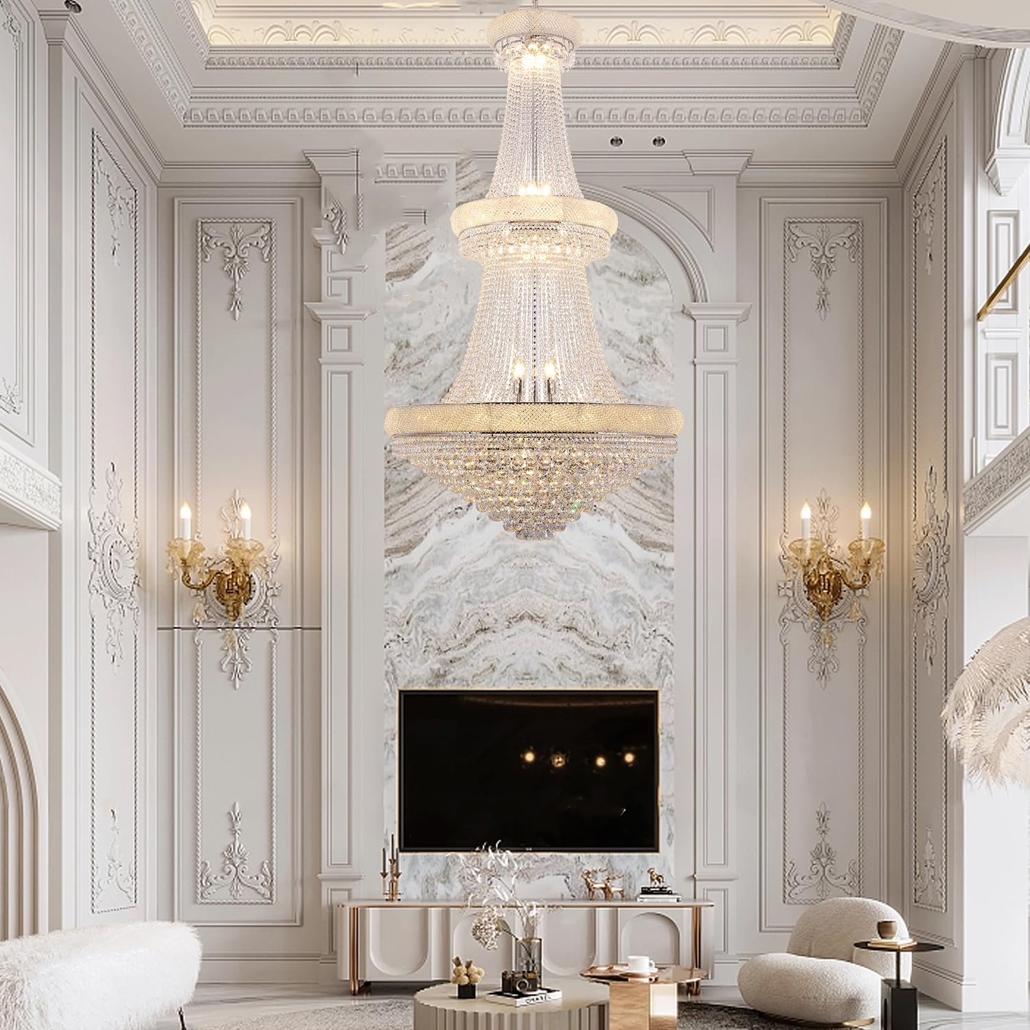 ORE International 72in Two Tier Empire K9 Crystal Chandelier, 35-LED Bulbs, Model HBL7025, Hardwired Ceiling Lamp for Living Room, Dining Room