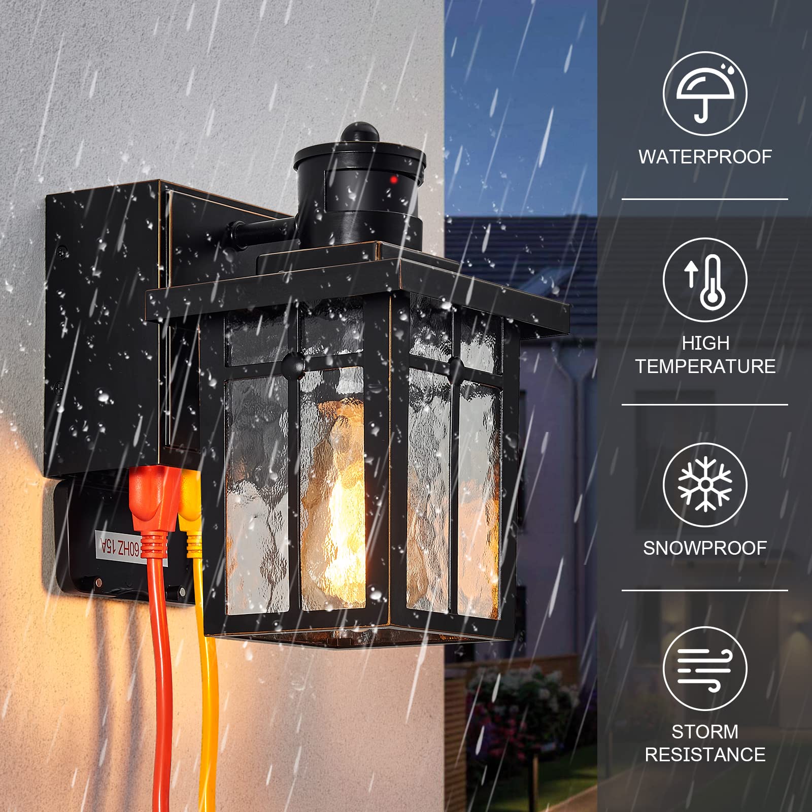 Myhaptim 2 Pack Porch Lights with GFCI Outlet, Dusk to Dawn, Motion Sensor, Waterproof, Black, Model OW-BK02