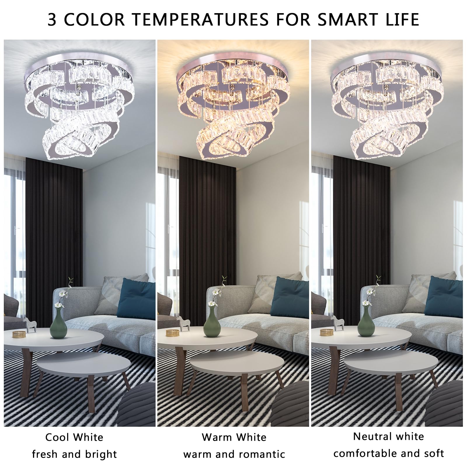 Xychfantligh 15.7'' Modern Crystal Chandelier 2 Rings Round Flush Mount Ceiling Light Flower Led Dimmable Chandeliers For Bedroo
