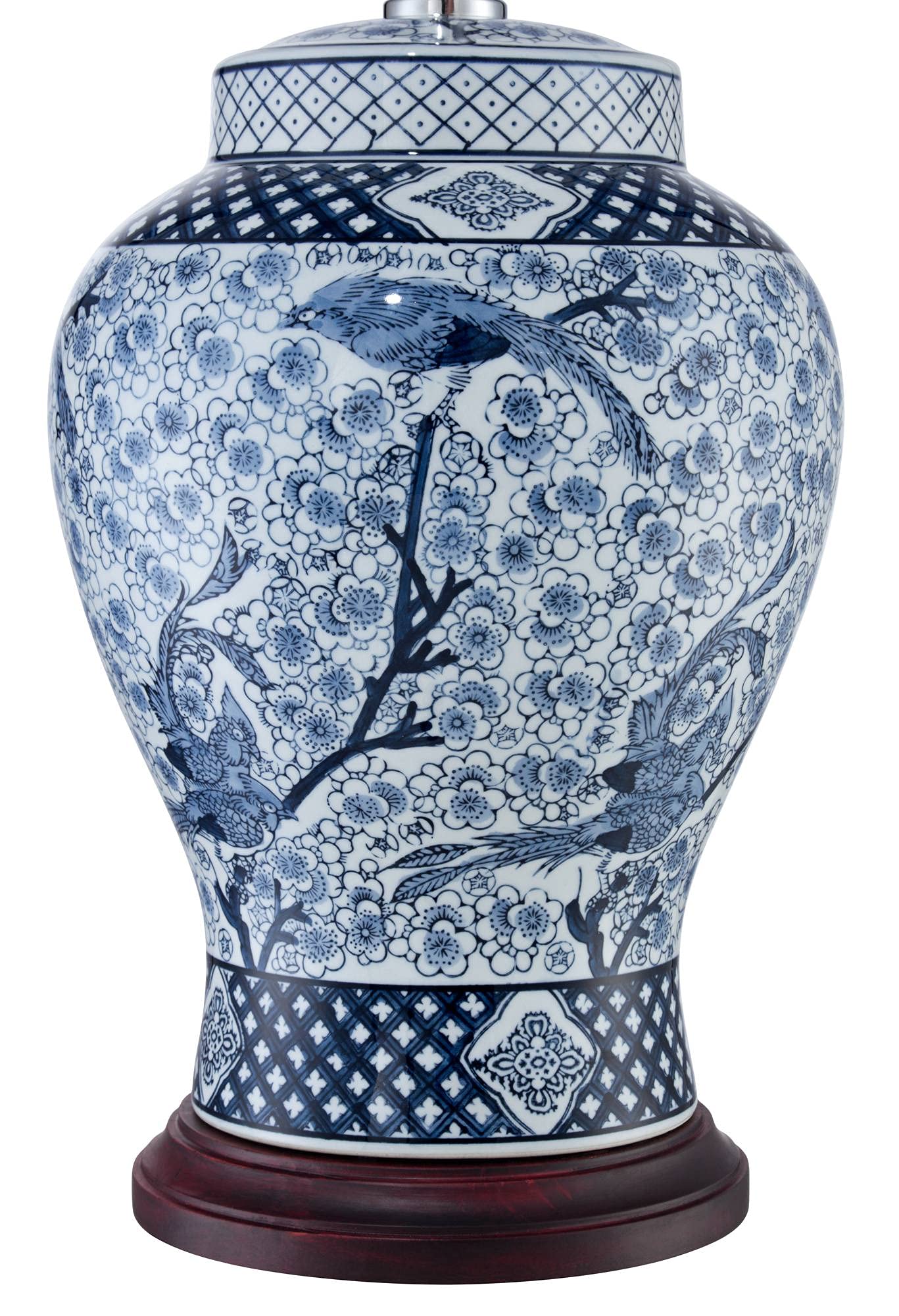 Barnes and Ivy 27" Tall Asian Ginger Jar Table Lamp - Blue White Porcelain with Bird and Branch Bell Shade for Living Room Bedroom Nightstand