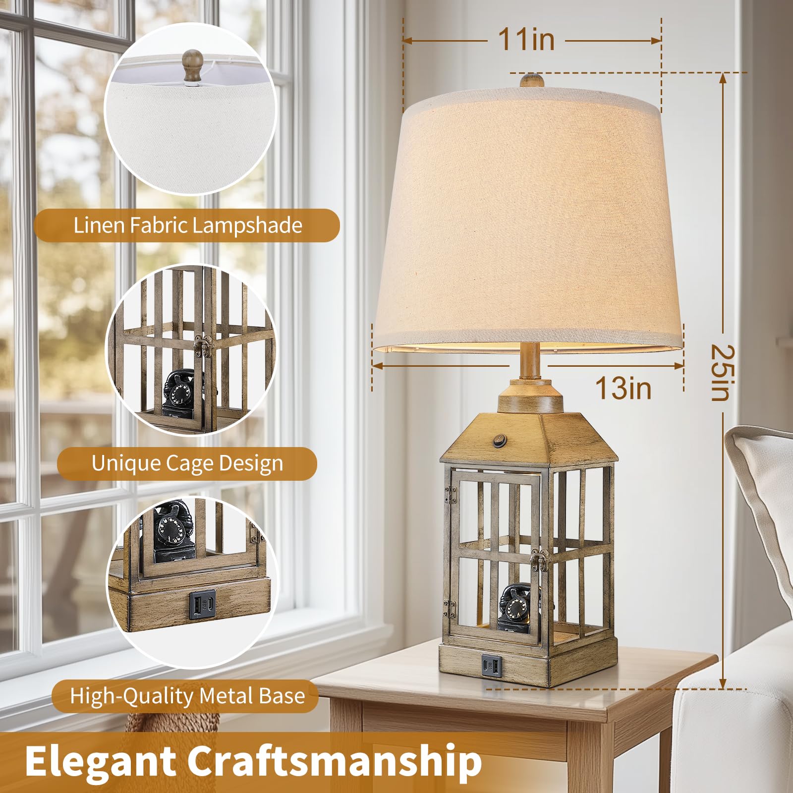 Lovlast Farmhouse Table Lamps Set of 2 with USB Port & Nightlight, 25" Rustic Wood, LED Bulbs Included, Model T4725