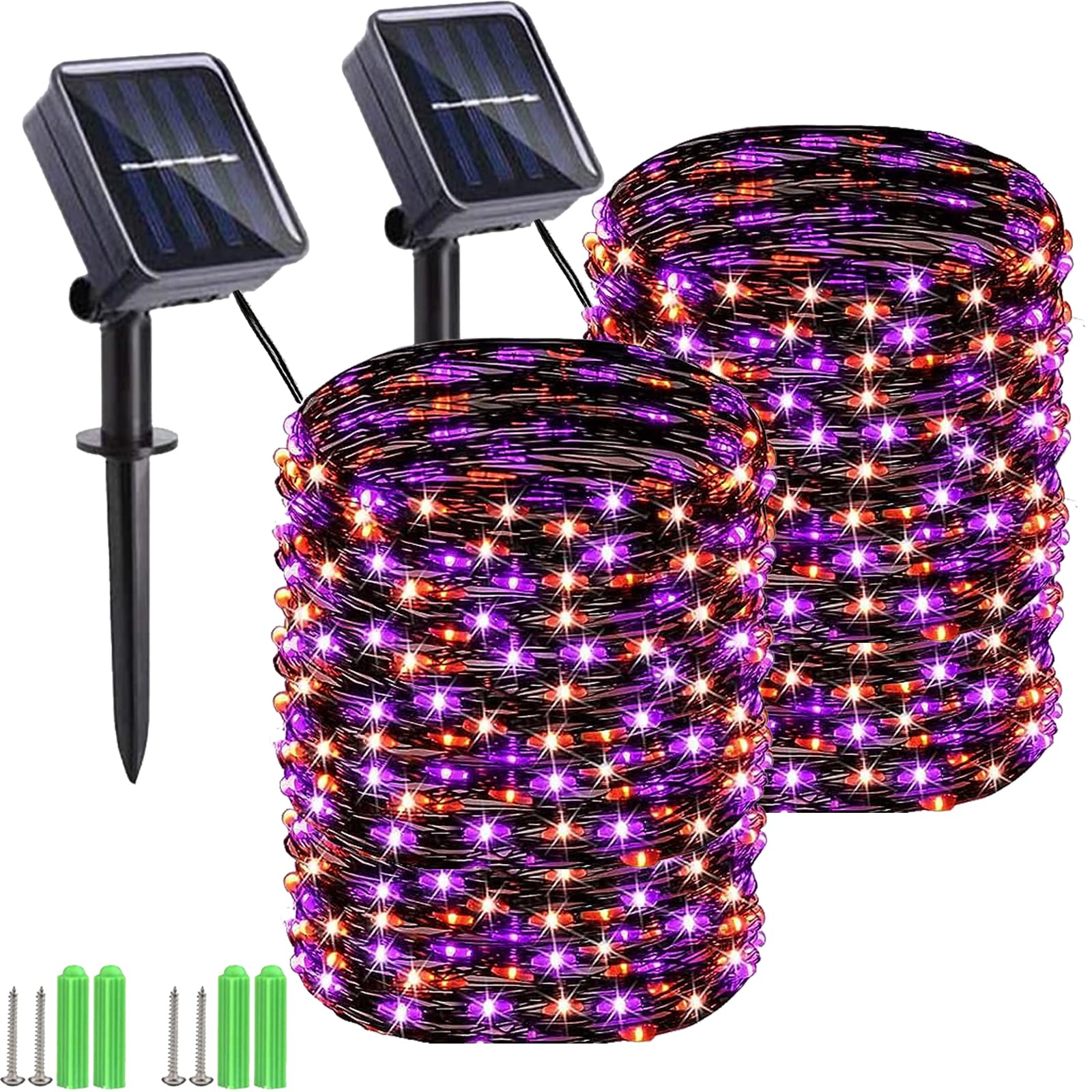 Orange Purple Halloween Lights, 2 Pack 55ft 150 LED Solar Halloween String Lights, 8 Modes Waterproof Black Copper Wire Halloween Light for Tree, Garden, Yard, Party, DIY Outdoor Halloween Decorations
