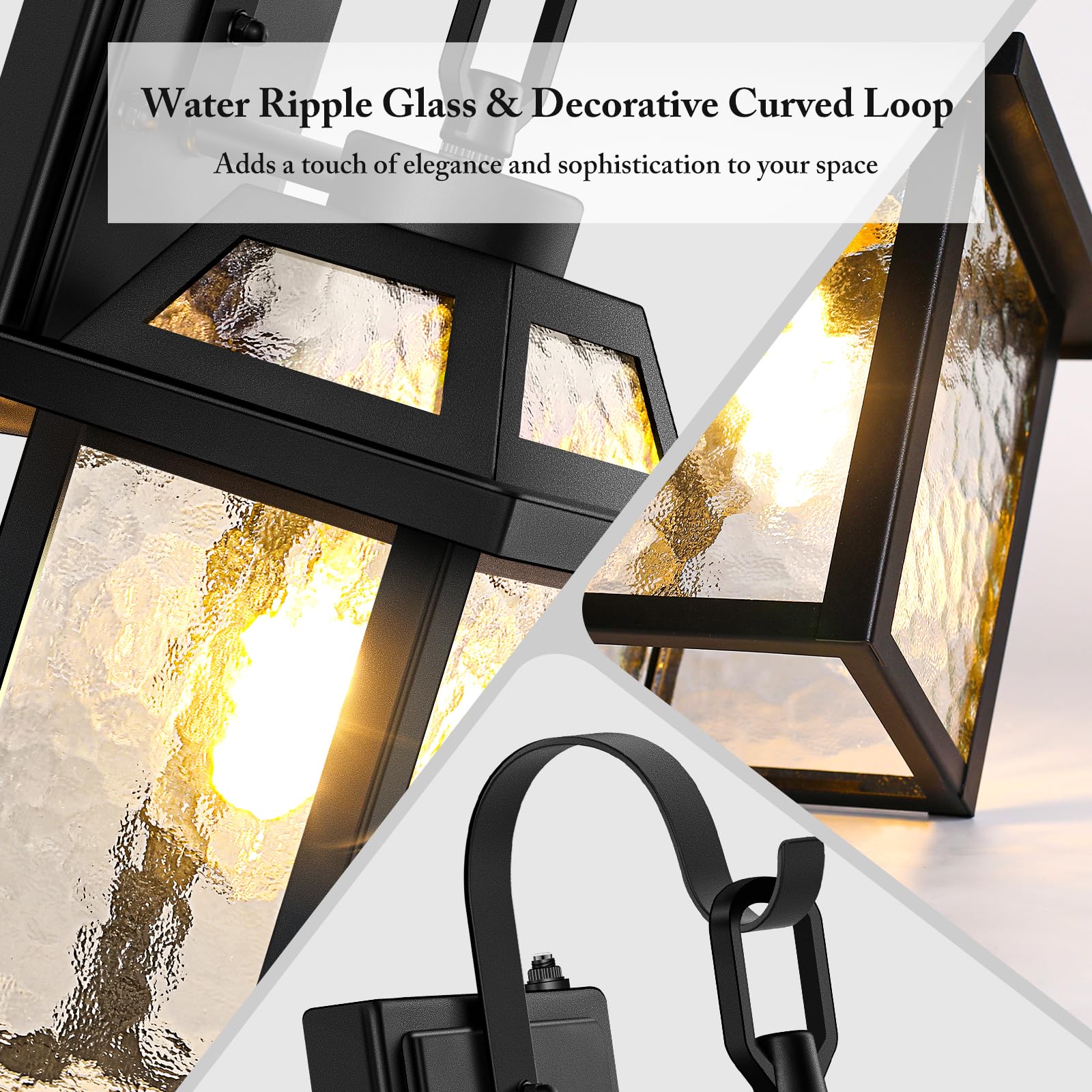 BesLowe Dusk to Dawn Outdoor Wall Lights, Black Metal 2-Pack, 13.8" Water Ripple Glass Sconces for Porch, Garage, Front Door