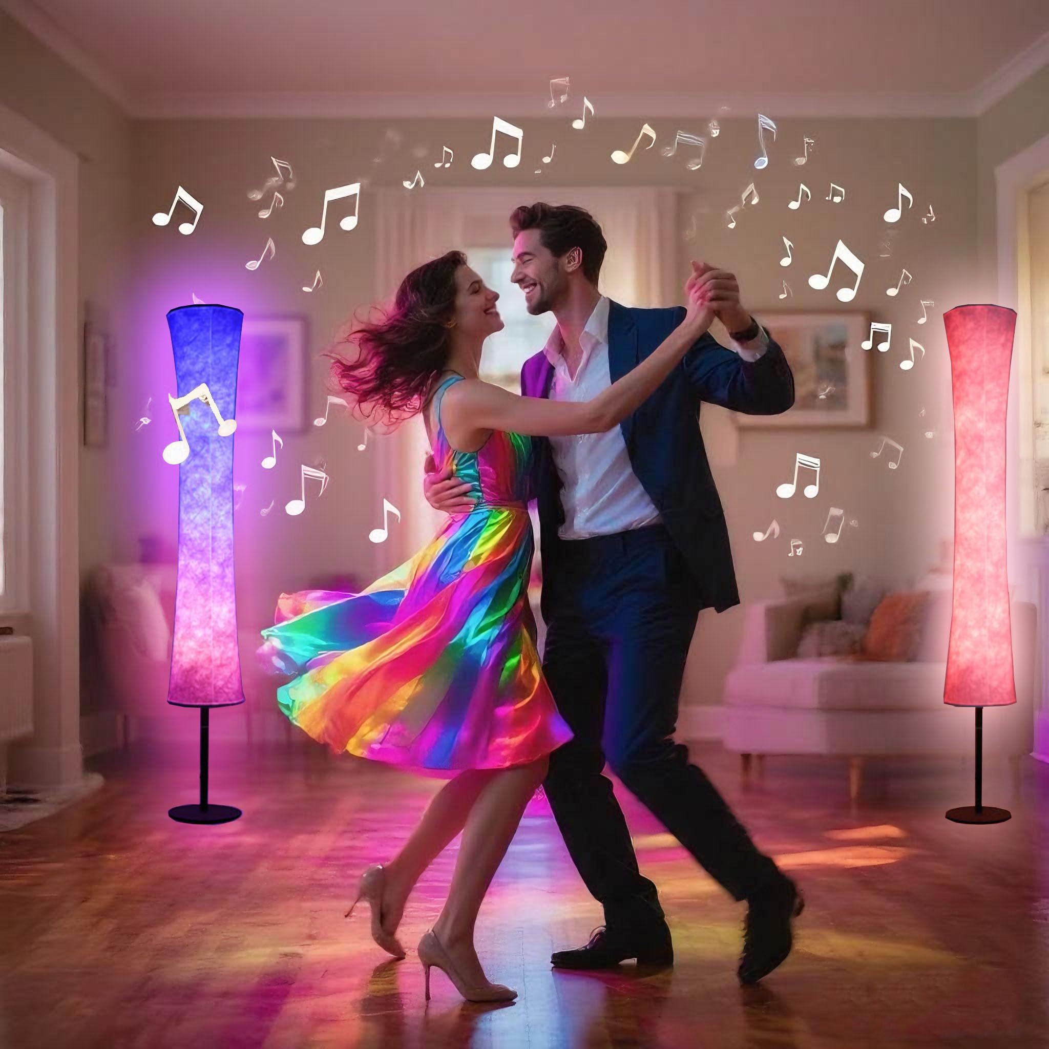 AKT LIGHTING 59'' Smart LED Floor Lamp, RGB Color Changing, Music Sync, Remote Control, Fabric Design for Bedroom & Living Room