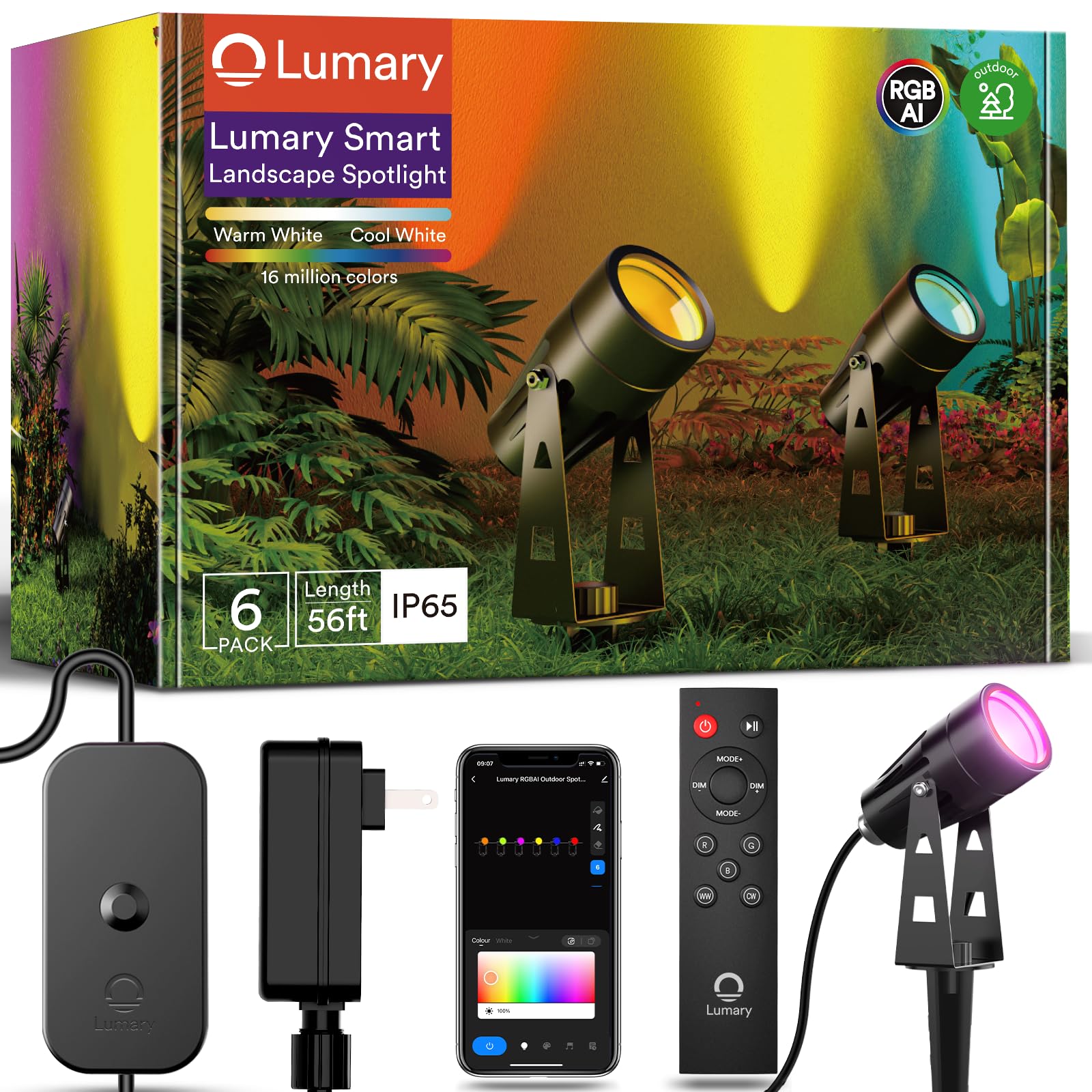 Lumary 56Ft Smart Landscape Lights, Waterproof Color Changing Spotlights, Wifi & Alexa Control