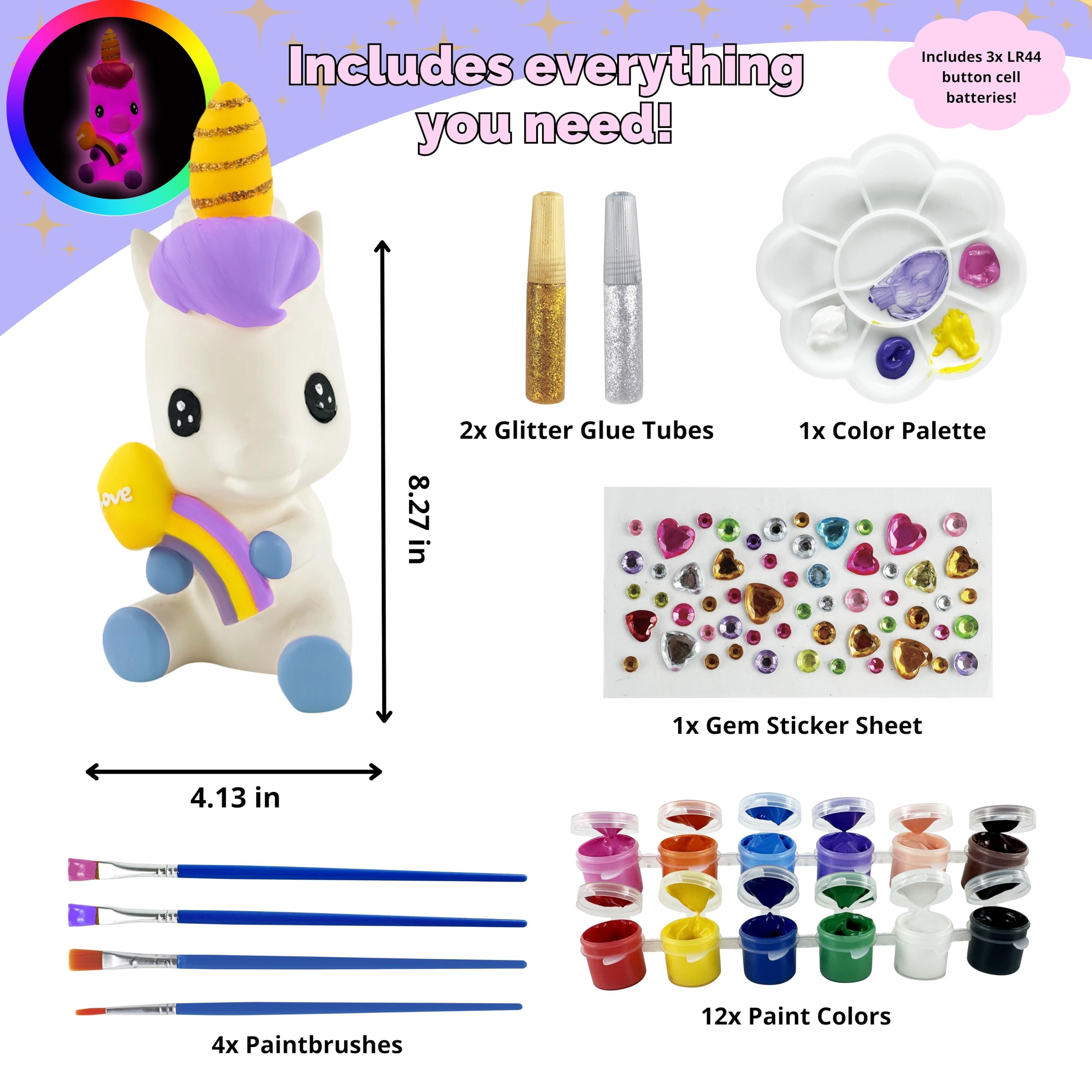 Beeblosie discomfort-reducingt Your Own Unicorn Night Light Kit For Kids Ages 4-8 - Diy Color-Changing Led Lamp Craft Set With discomfort-reducingts  Brushes  Gems & Glitter - Creative Arts & Crafts Gift For Girls