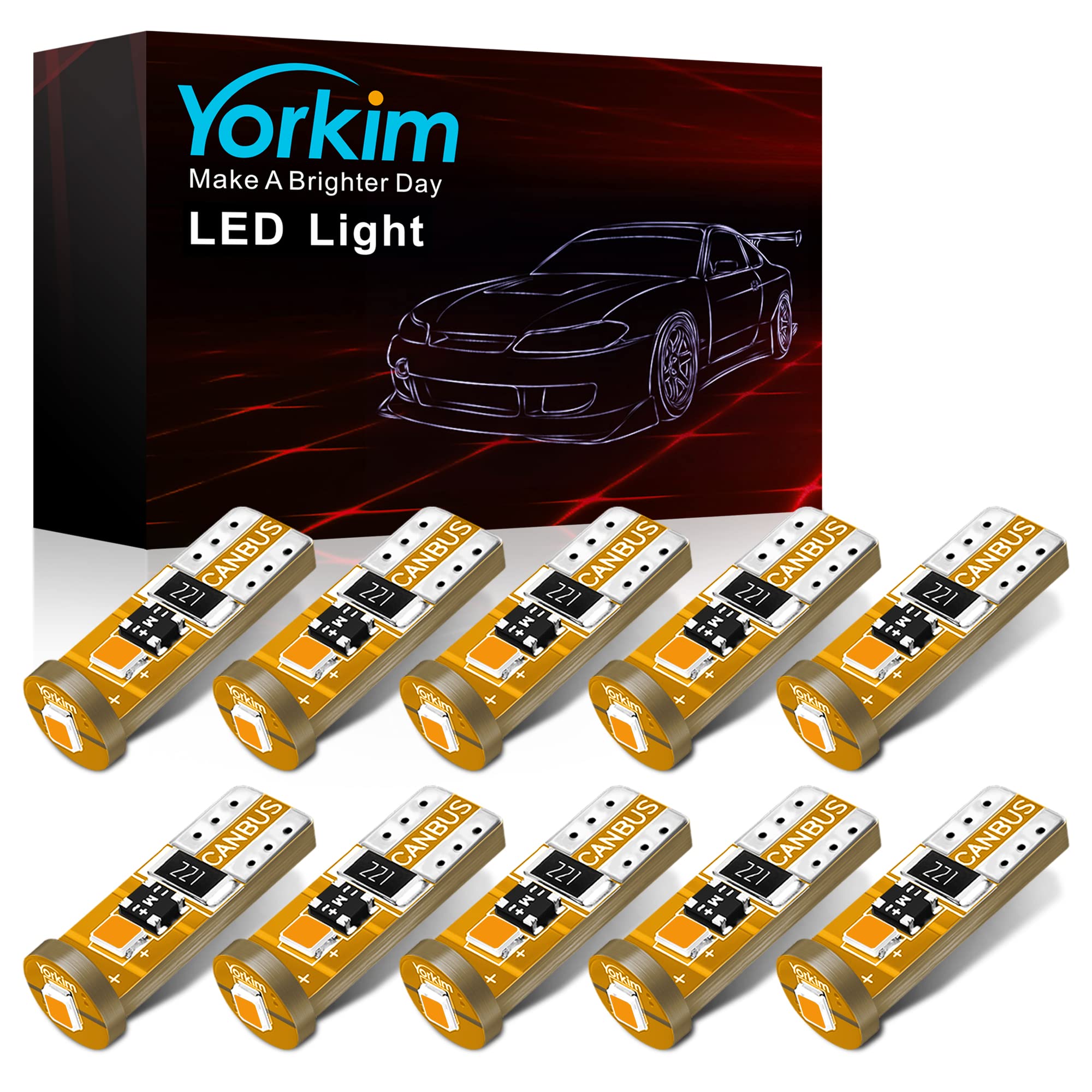Yorkim T10 194 LED Bulb Amber Canbus Error Free 3-SMD 2835 Chipsets Pack of 10