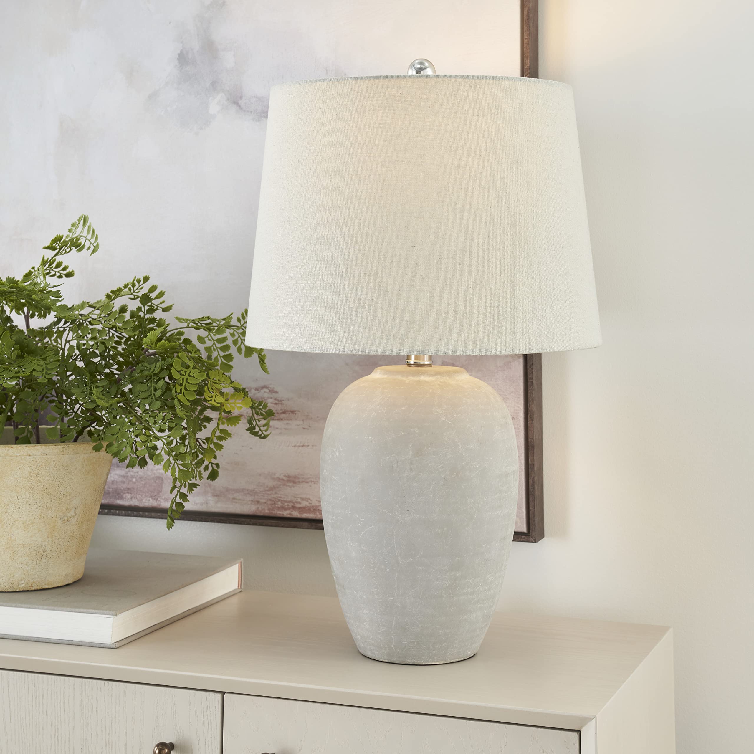 Nourison 23'' Grey White Washed Distressed Ceramic Pot Table Lamp For Bedroom, Living Room