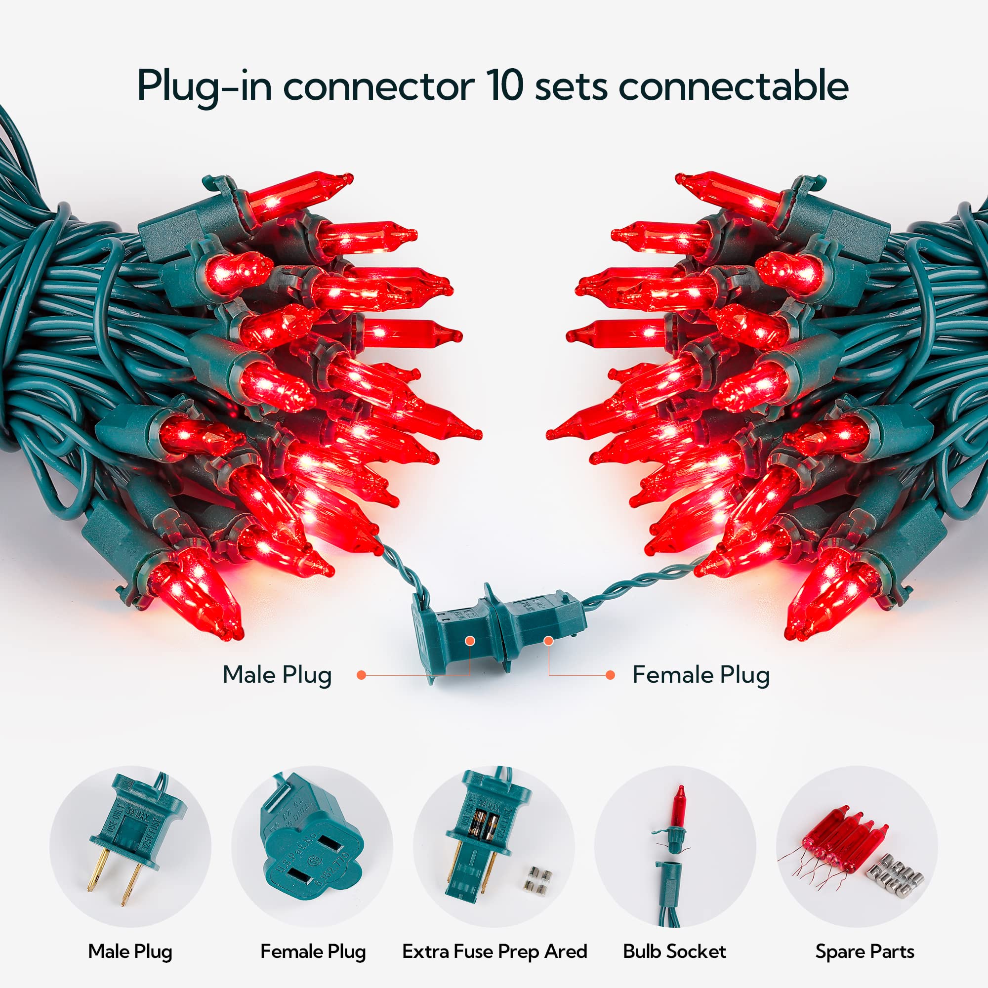 Hopolon 50 LED Red Christmas Lights, 2-Pack Green Wire, 13 Feet Long for Indoor/Outdoor Holiday Decor