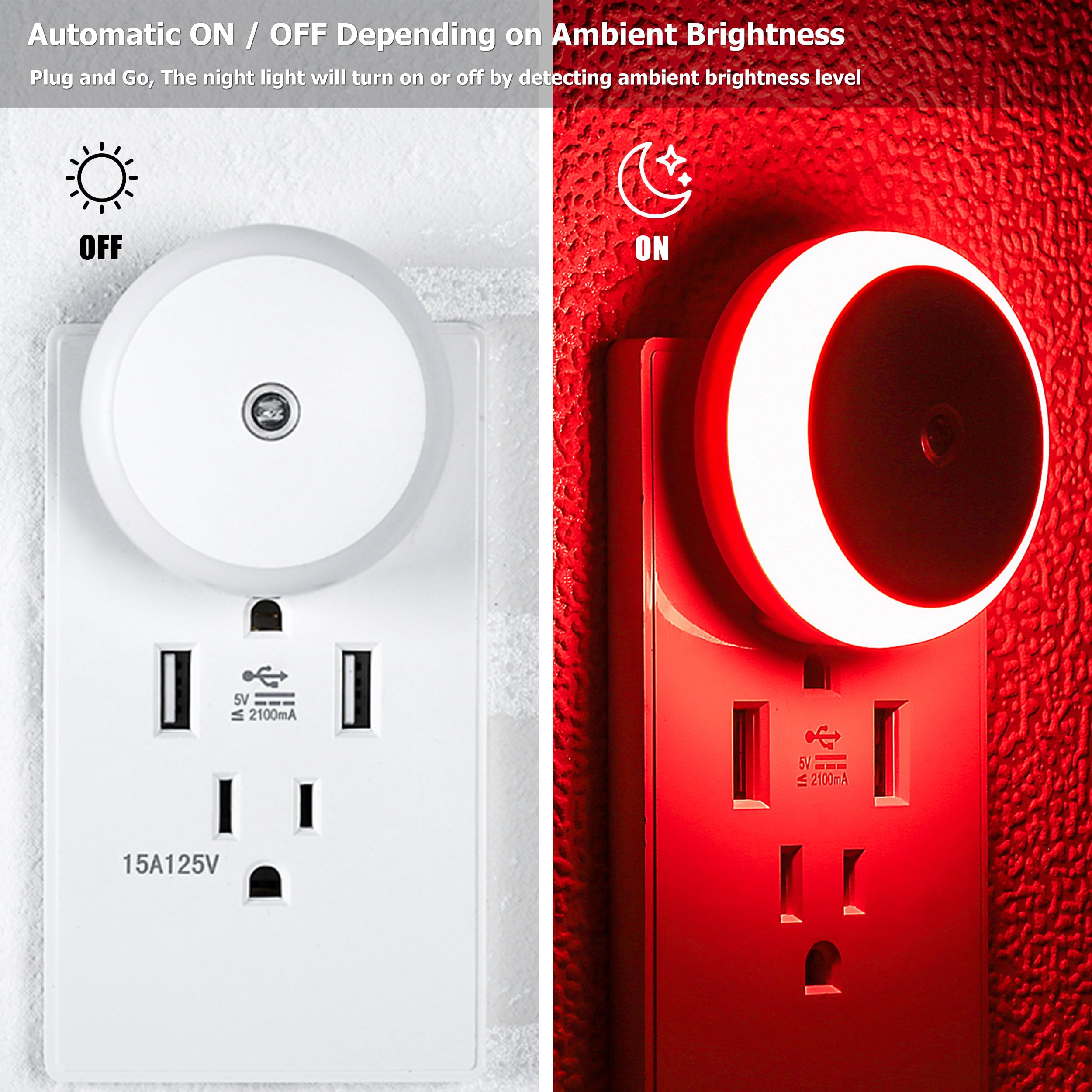 Red Night Light, Led Night Light Plug In, Dusk To Dawn Smart Sensor, Red Light For Sleep, 2 Pack Nightlight Plug Into Wall, For
