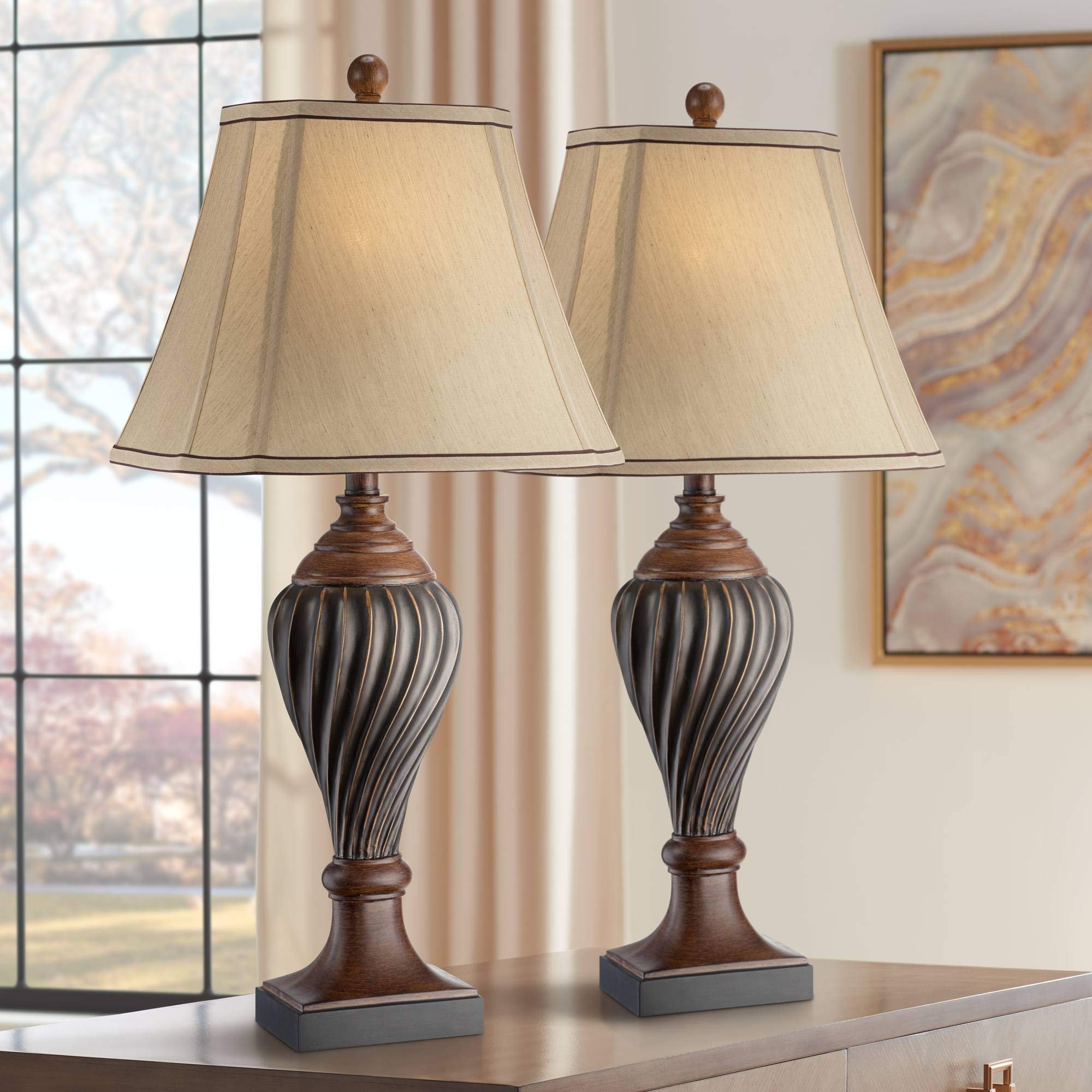 Regency Hill End Table Lamps Set of 2, 28.5in Tall, Two-Tone Brown Finish, Beige Shade, Model 17P83