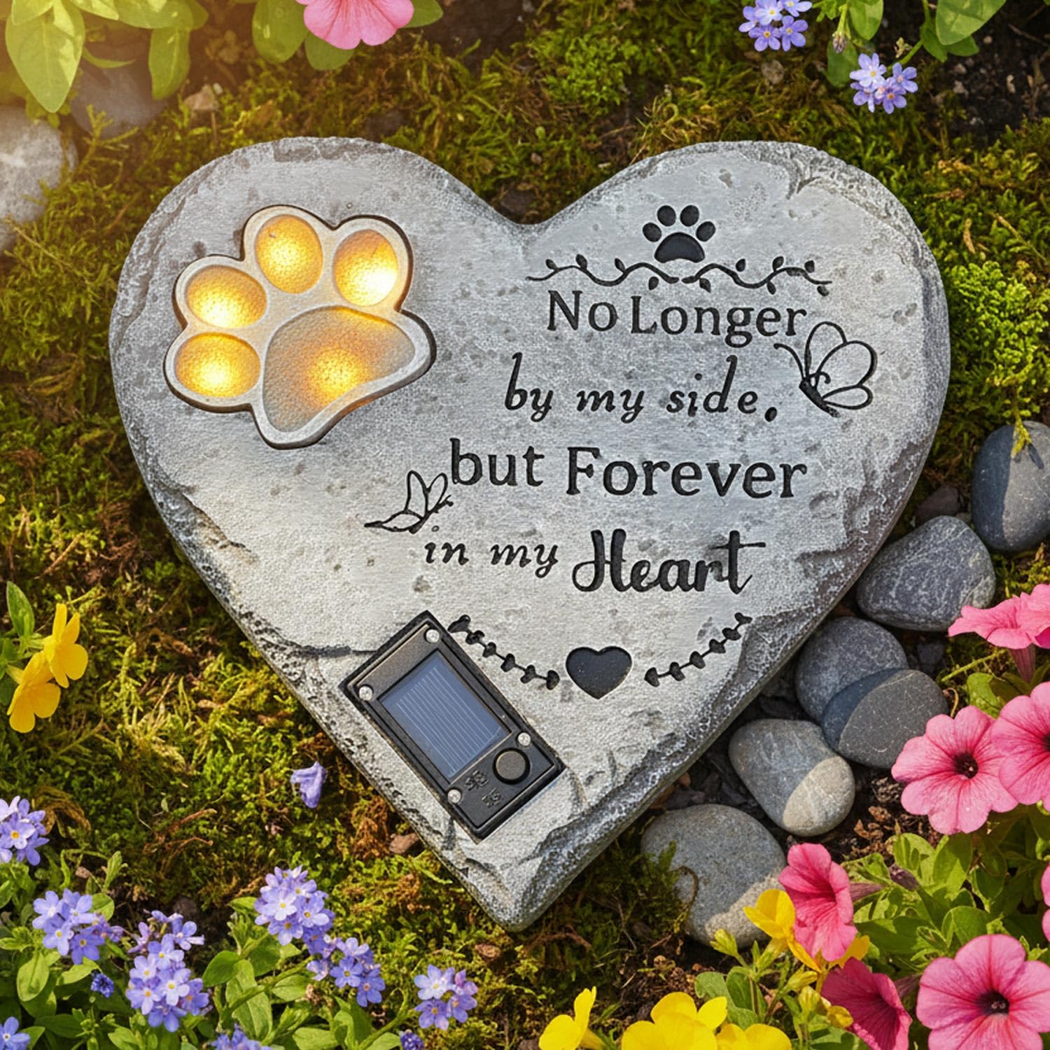 YHSOLAR Pet Memorial Stone Solar Lighted Glowing Paw Print Heart Statue with Forever in My Heart Engraved, Waterproof Resin Pet 