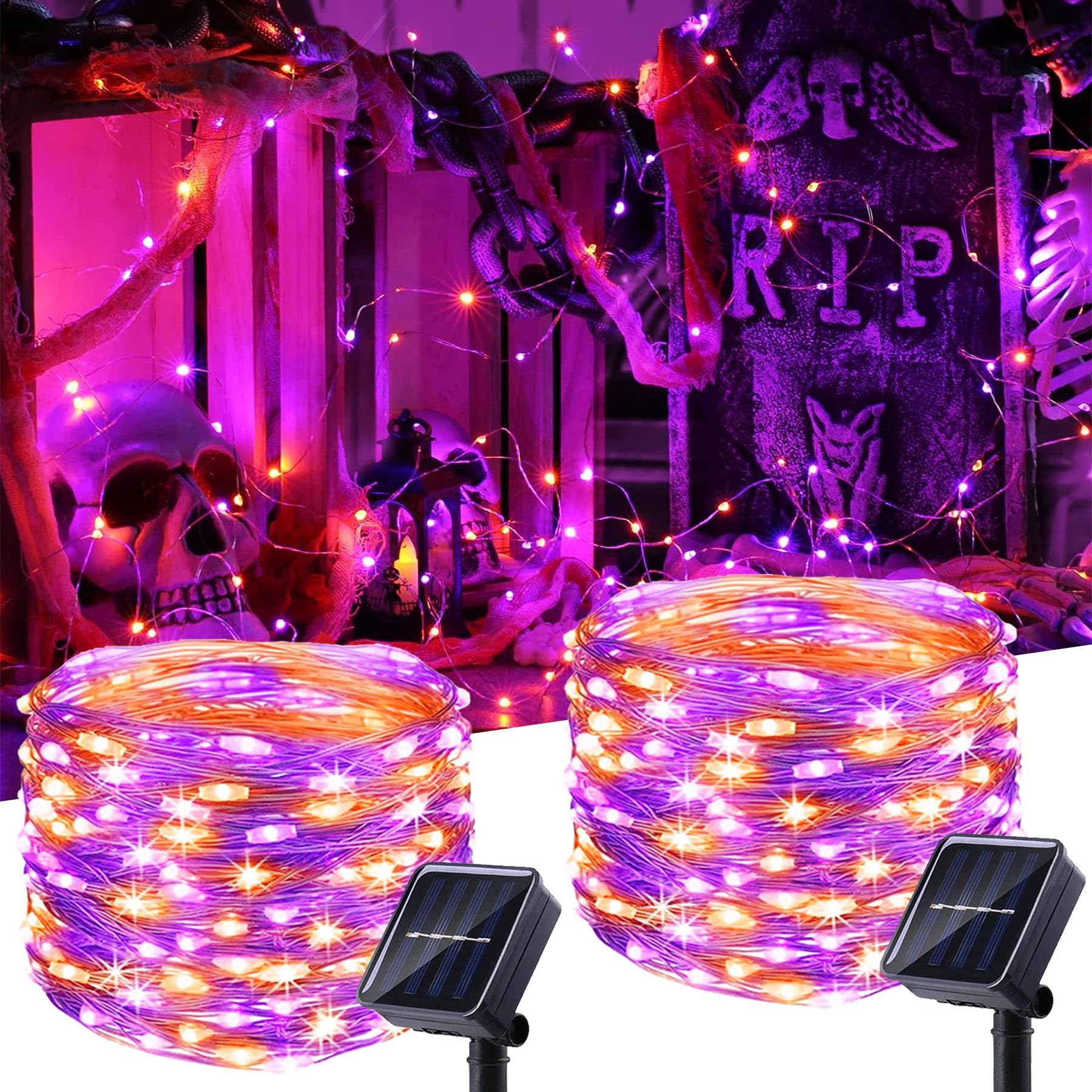 LIGHTOP Halloween Solar Fairy Lights Outdoor Waterproof Copper Wire Orange Purple String Lights 2 Pack 33FT 100LED for Christmas