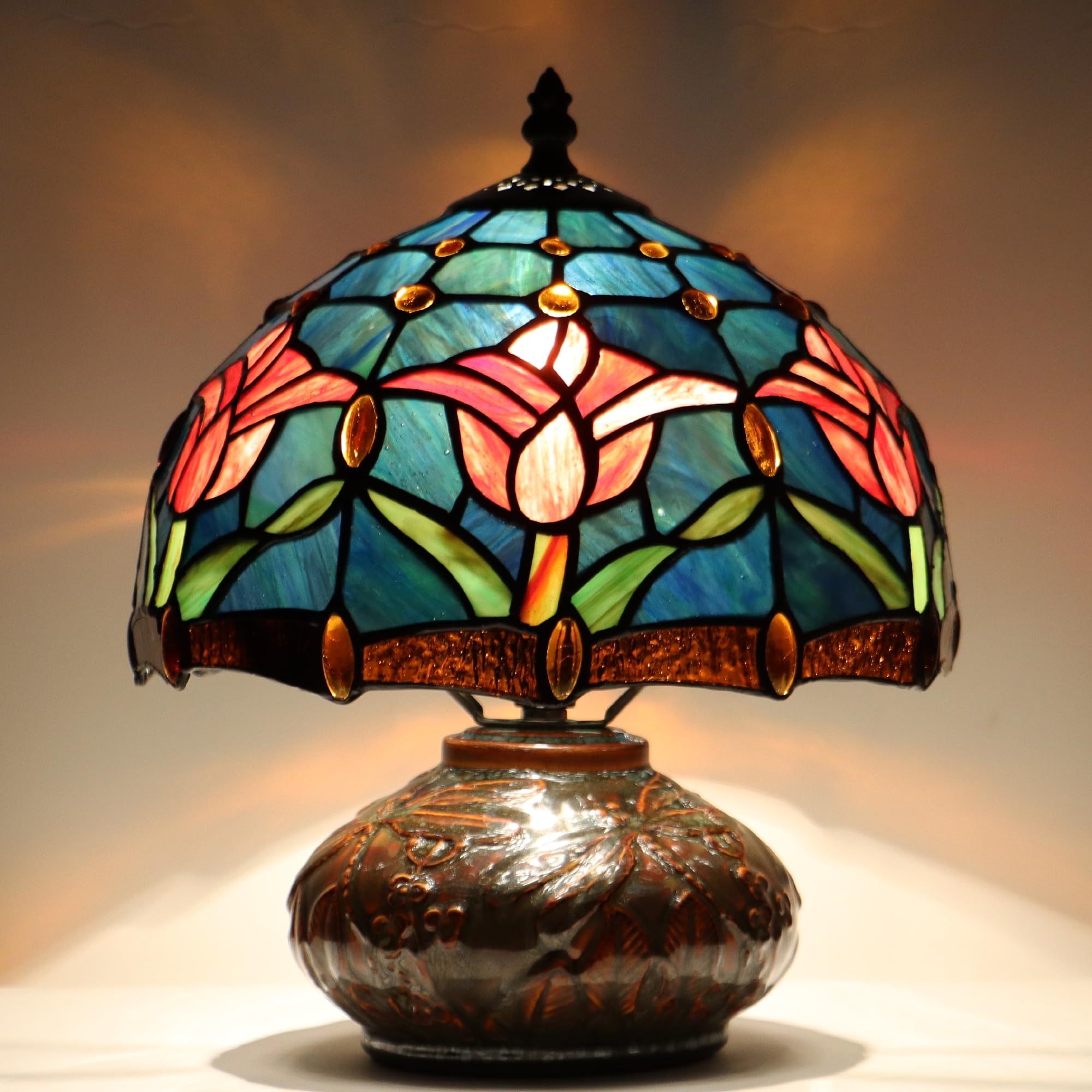 LXHCYOU Tiffany Table Lamp, 10X10X11 Inch Mini Stained Glass Mushroom Desk Light Memory Sympathy Ceramic lamp (Tulip Style)