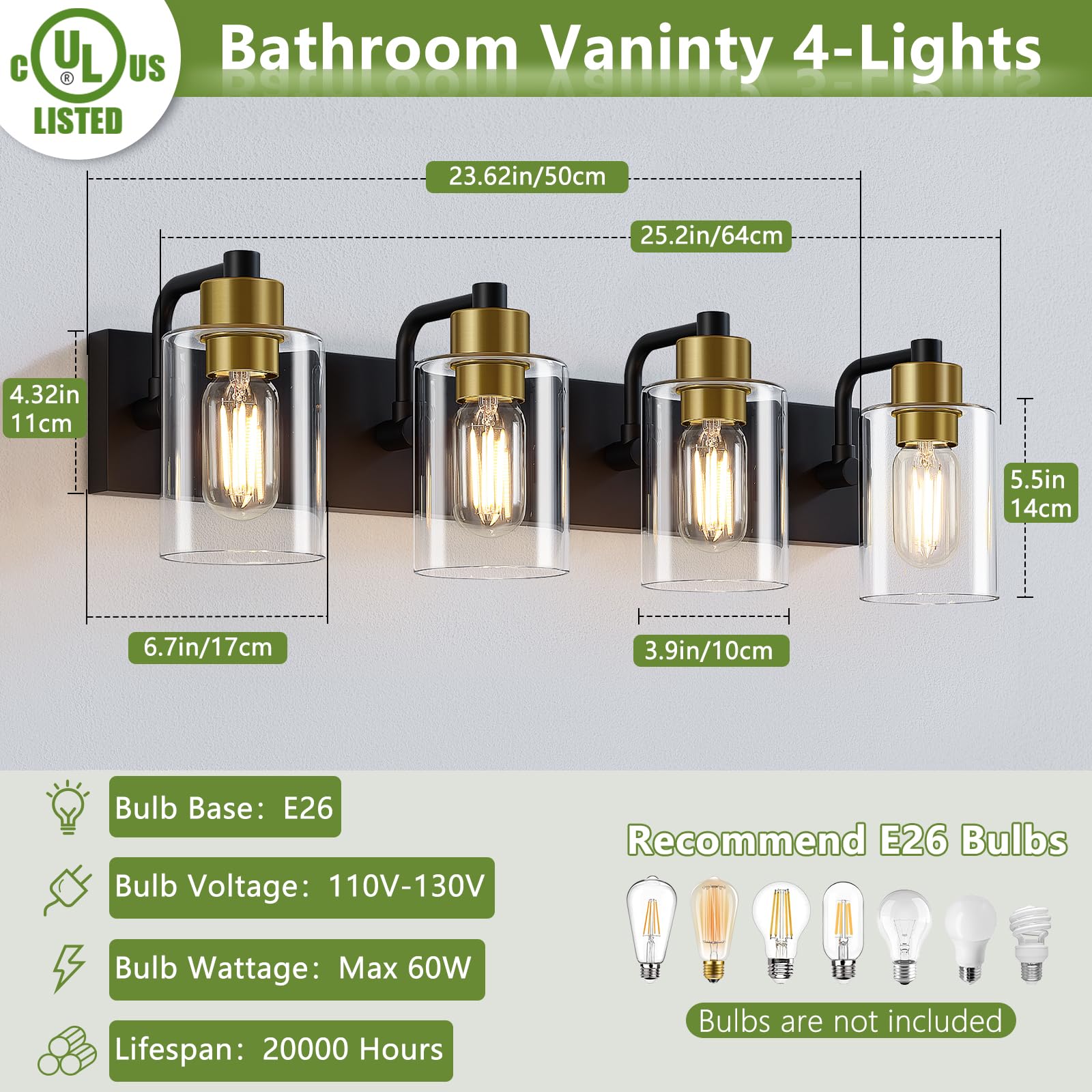 Dpyrrhic Bathroom Light Fixtures,Matte Black And Gold 4-Light Bathroom Lights With Clear Glass Shade,Modern Wall Sconces Over Mi