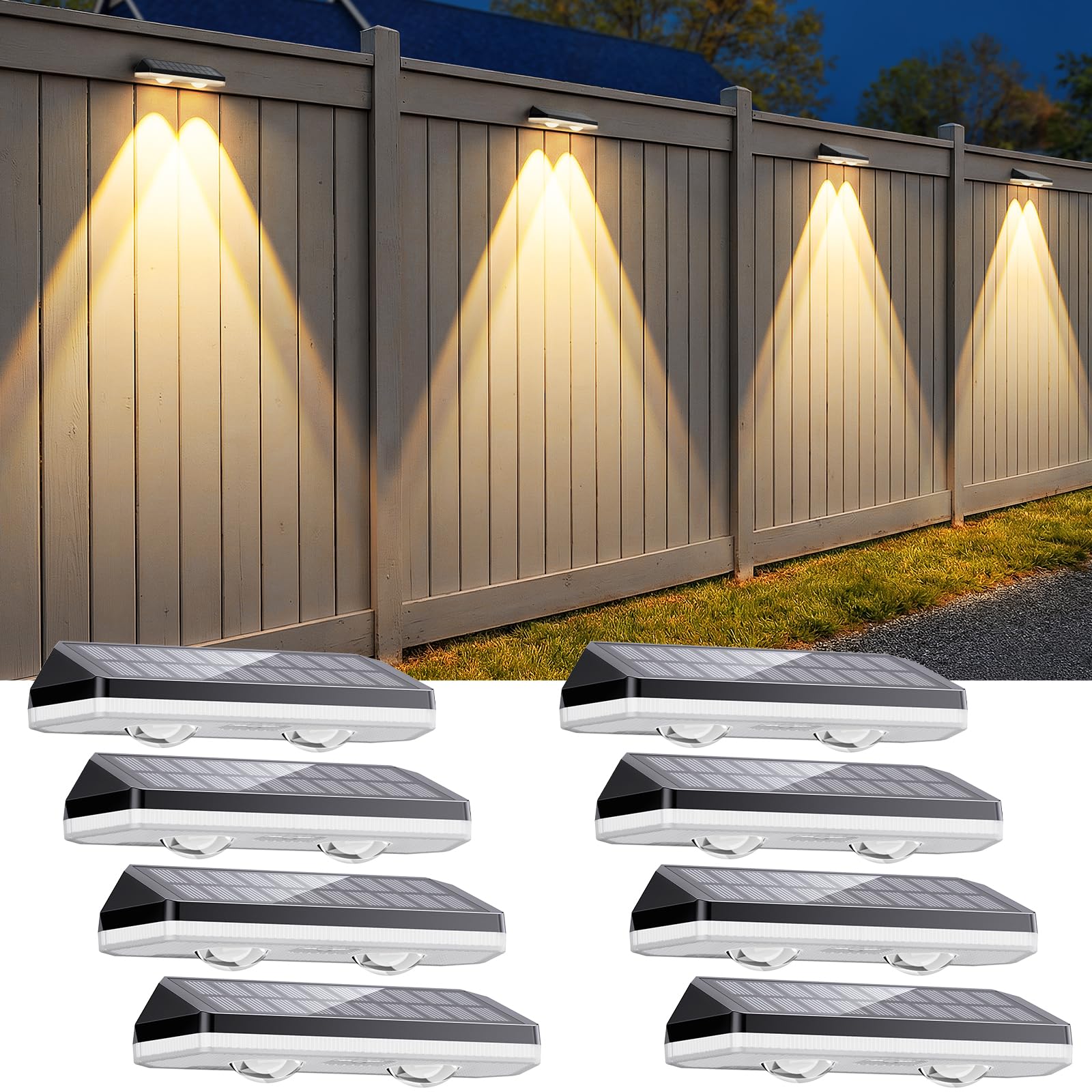 UGDLUCK Solar Fence Lights Outdoor,3000/4500/6000K 13 Mode, 2 Pack Fence Lights Solar Powered with Ultra-Bright Lens IP65 Waterp