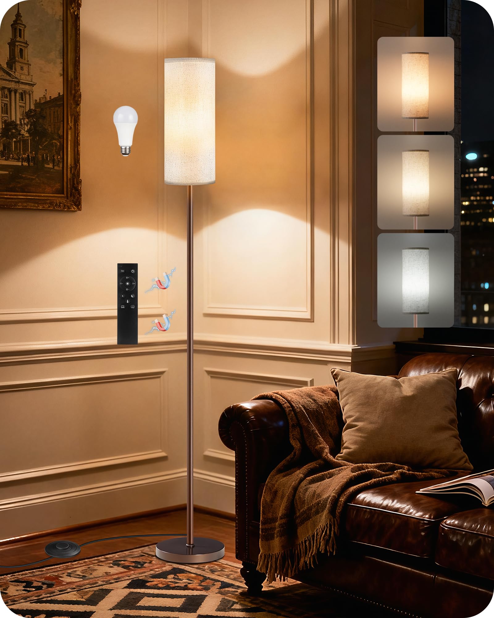 GOEBLESON Dimmable Floor Lamps for Living Room with Remote and Foot Switch, 64.4    Modern Standing Tall Lamp, Corner Lamp for B