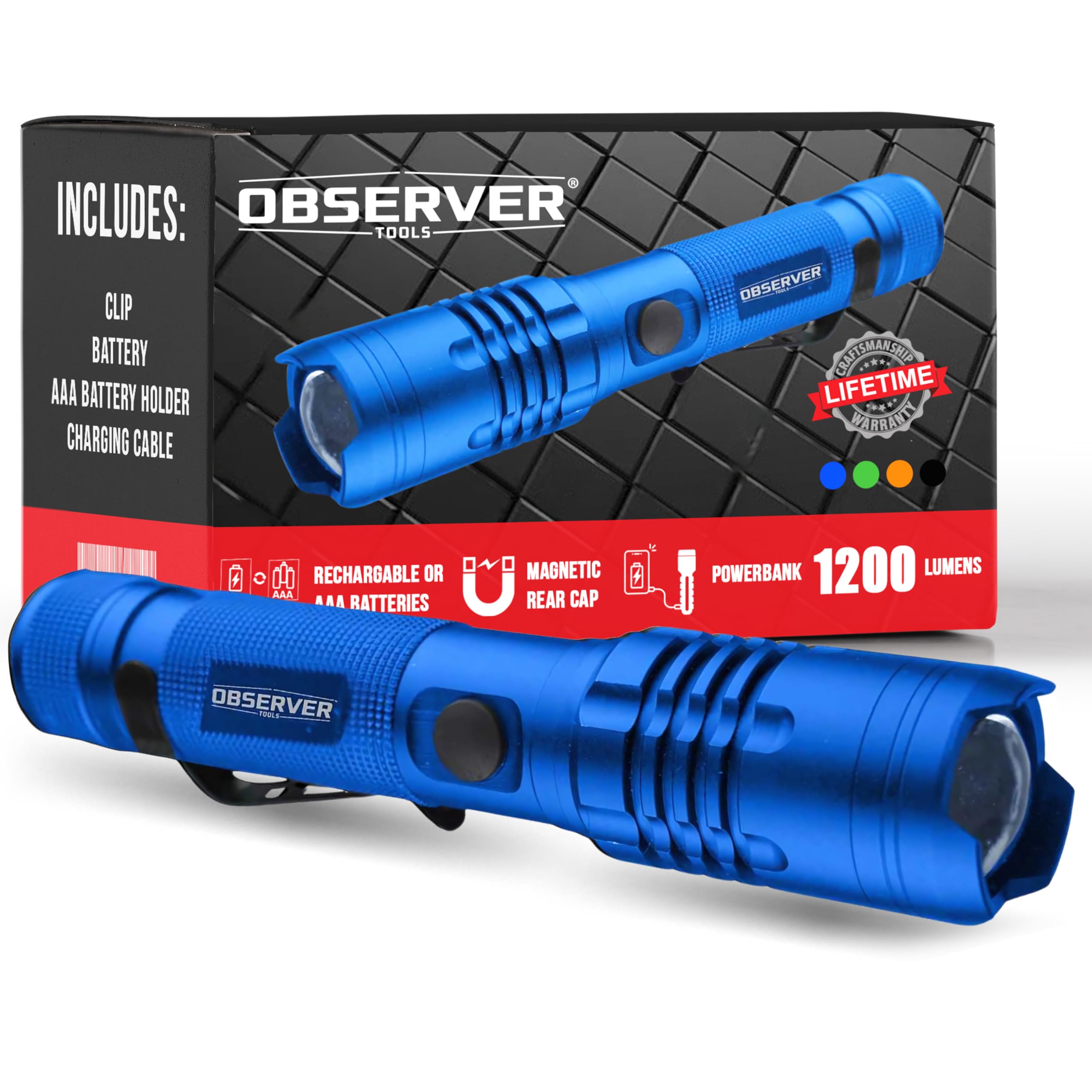 Observer Tools Flashlight, LED, 1200 Lumens, Rechargeable, Aluminum, Blue, Model FL1000-B, 1 Pack