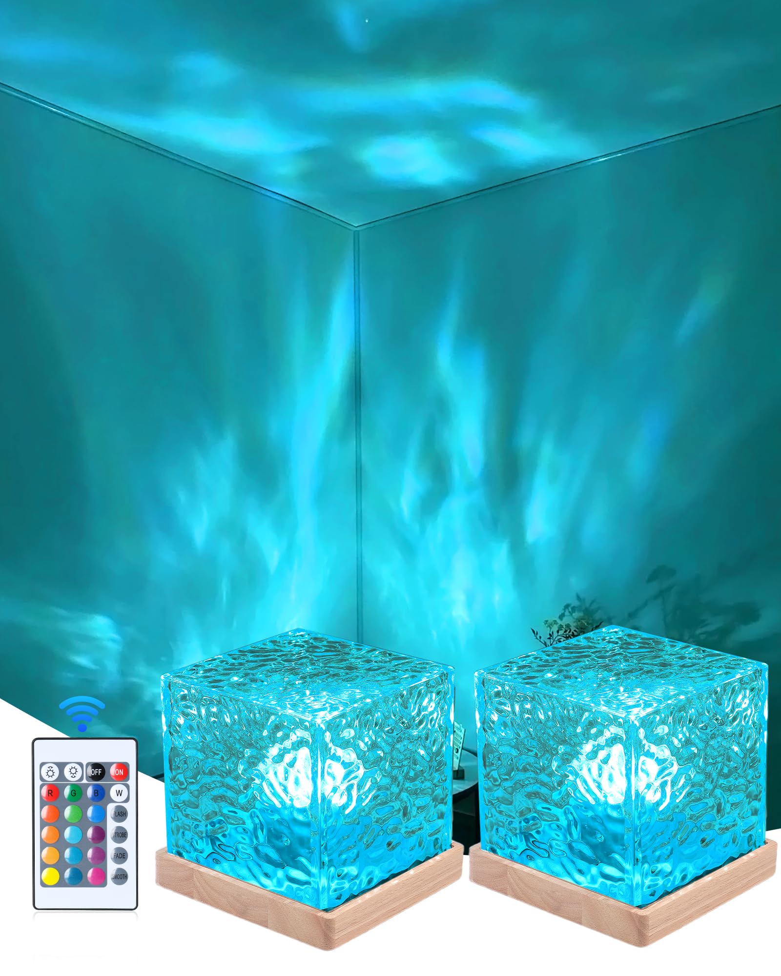 Deogos 2 Packs Cordless Luminorthe Cube Northern Lights Ocean Wave Projector Light, Aurora Glow 16 Colors Gradual Rotating Lamp 